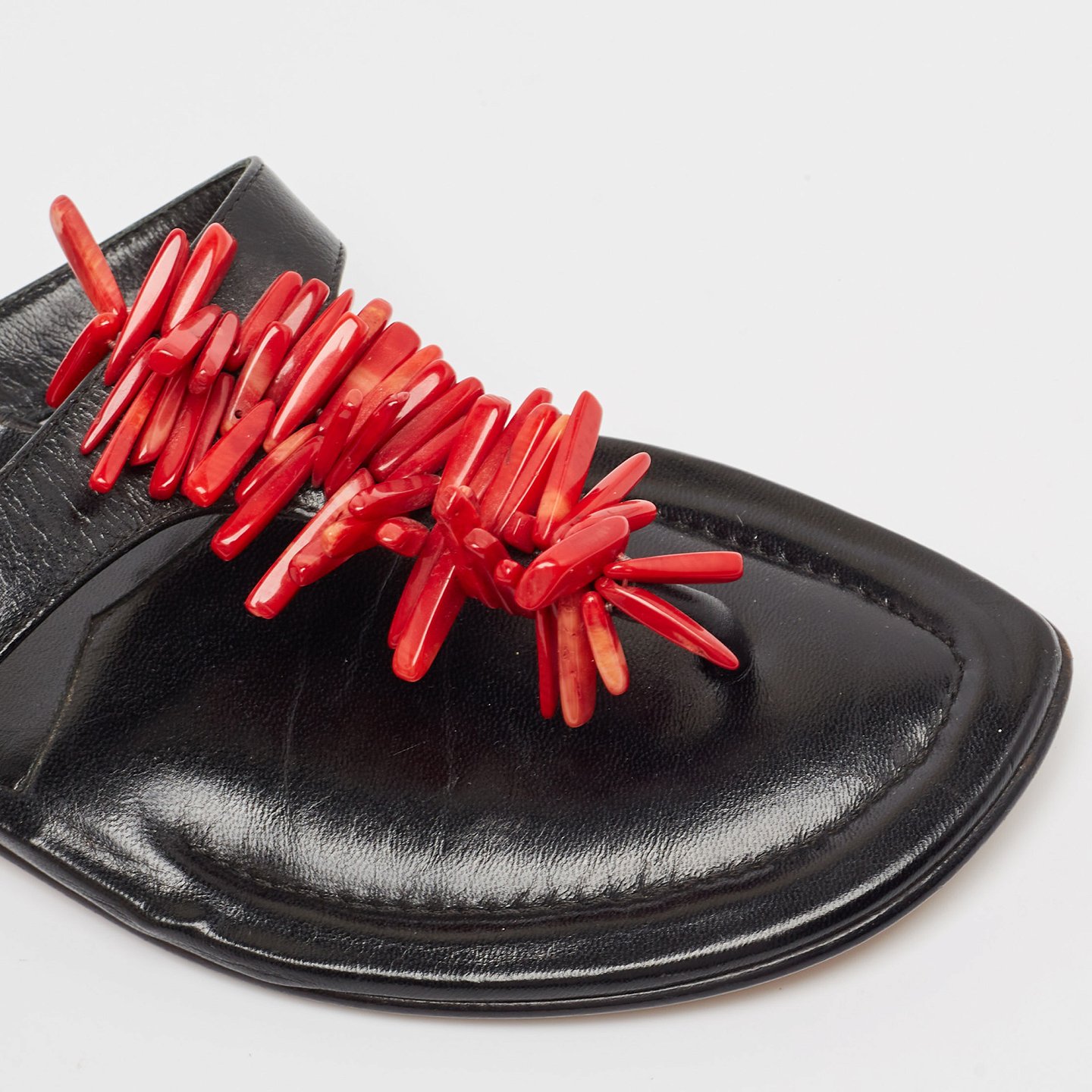 Black Leather Embellished Thong Flats 7