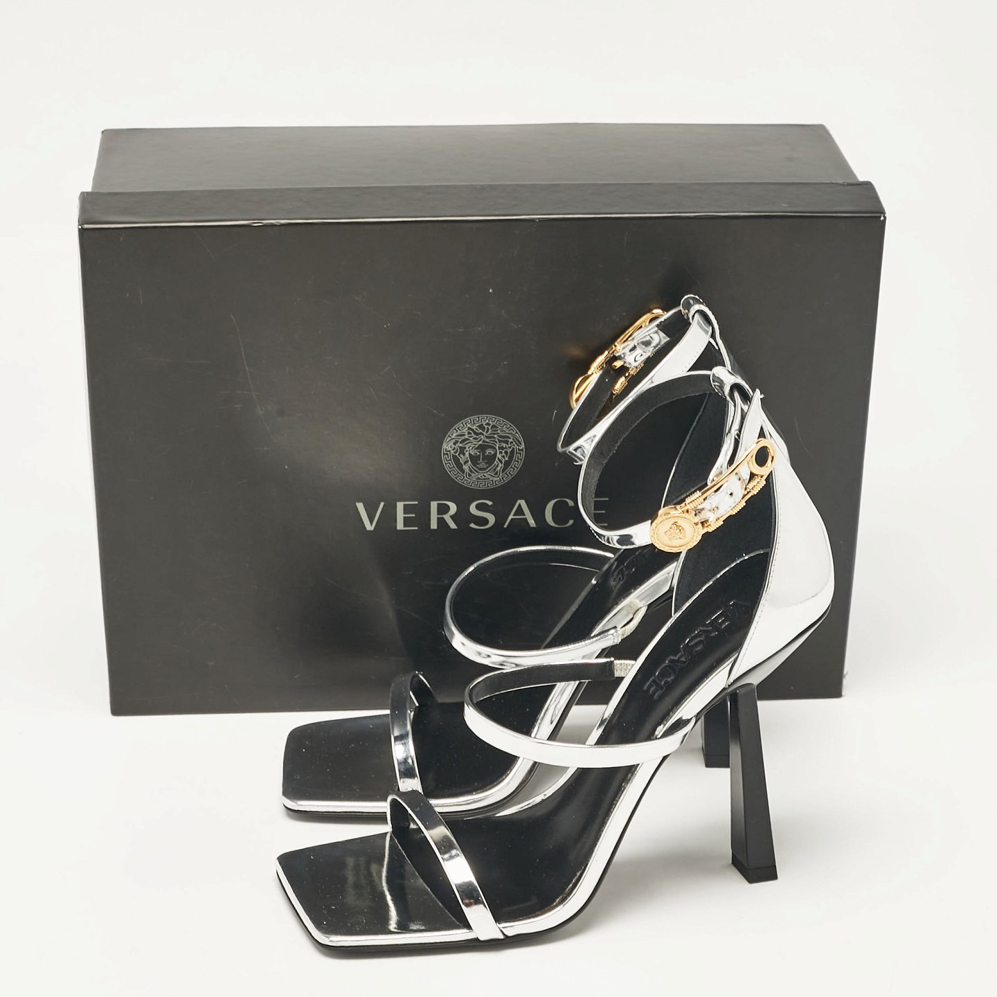 Silver Leather Safety Pin Ankle Strap Sandals 9