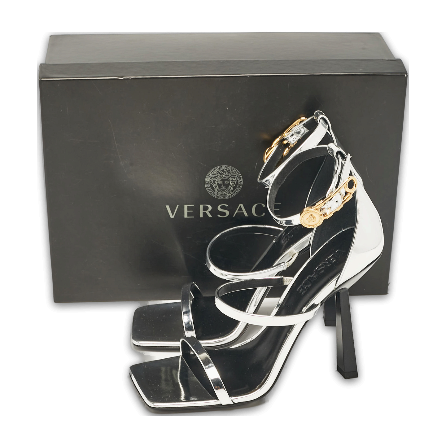 Silver Leather Safety Pin Ankle Strap Sandals 1