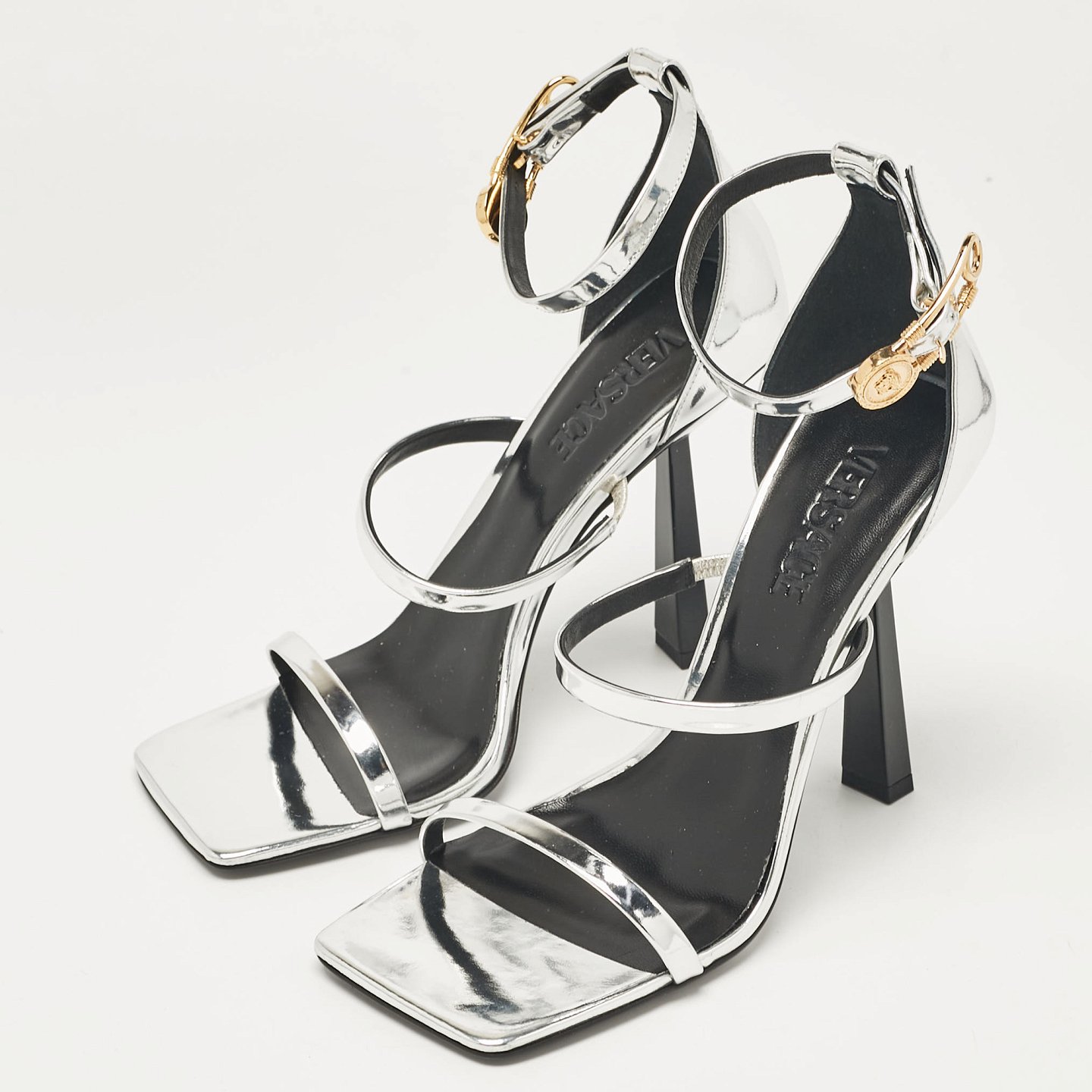 Silver Leather Safety Pin Ankle Strap Sandals 0