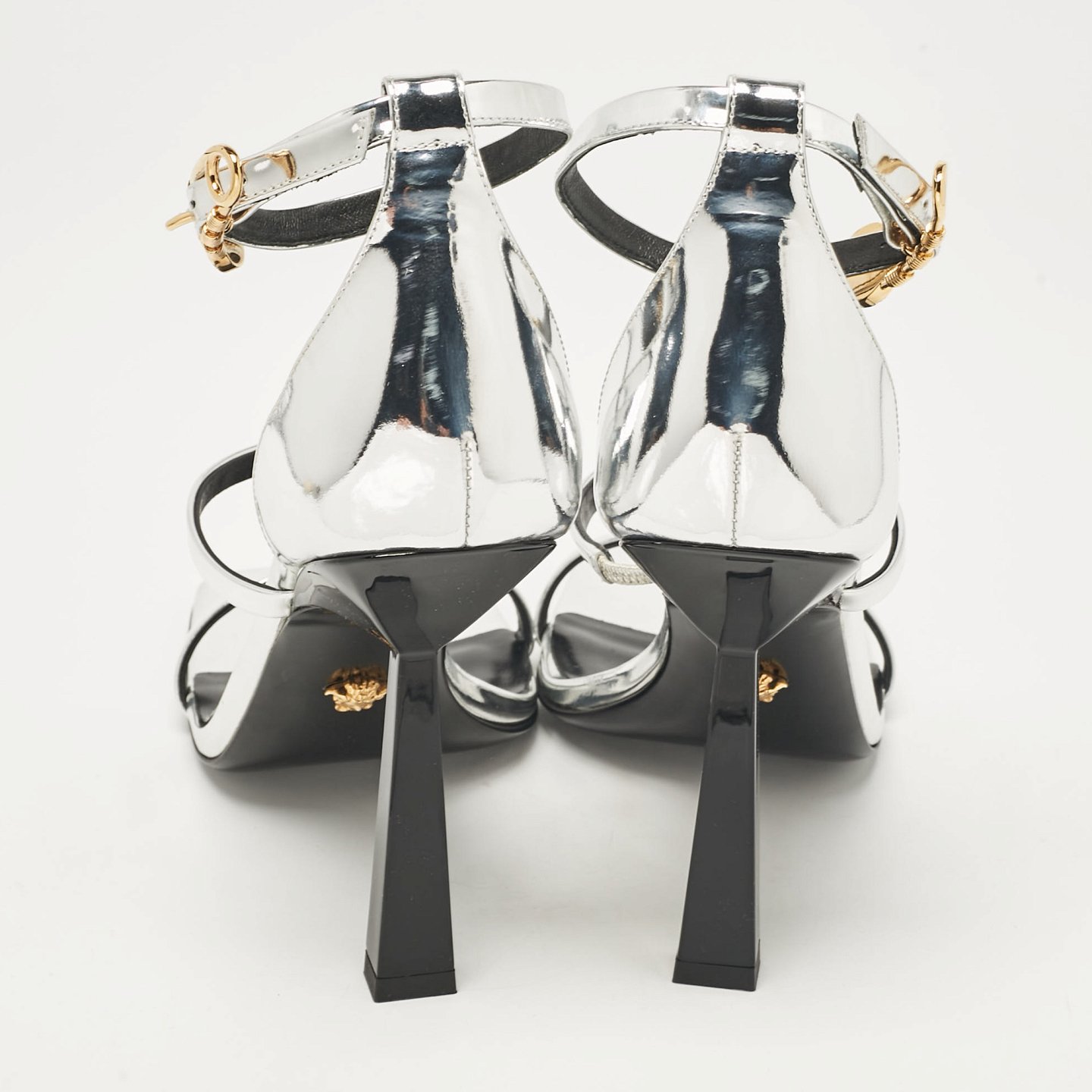 Silver Leather Safety Pin Ankle Strap Sandals 6