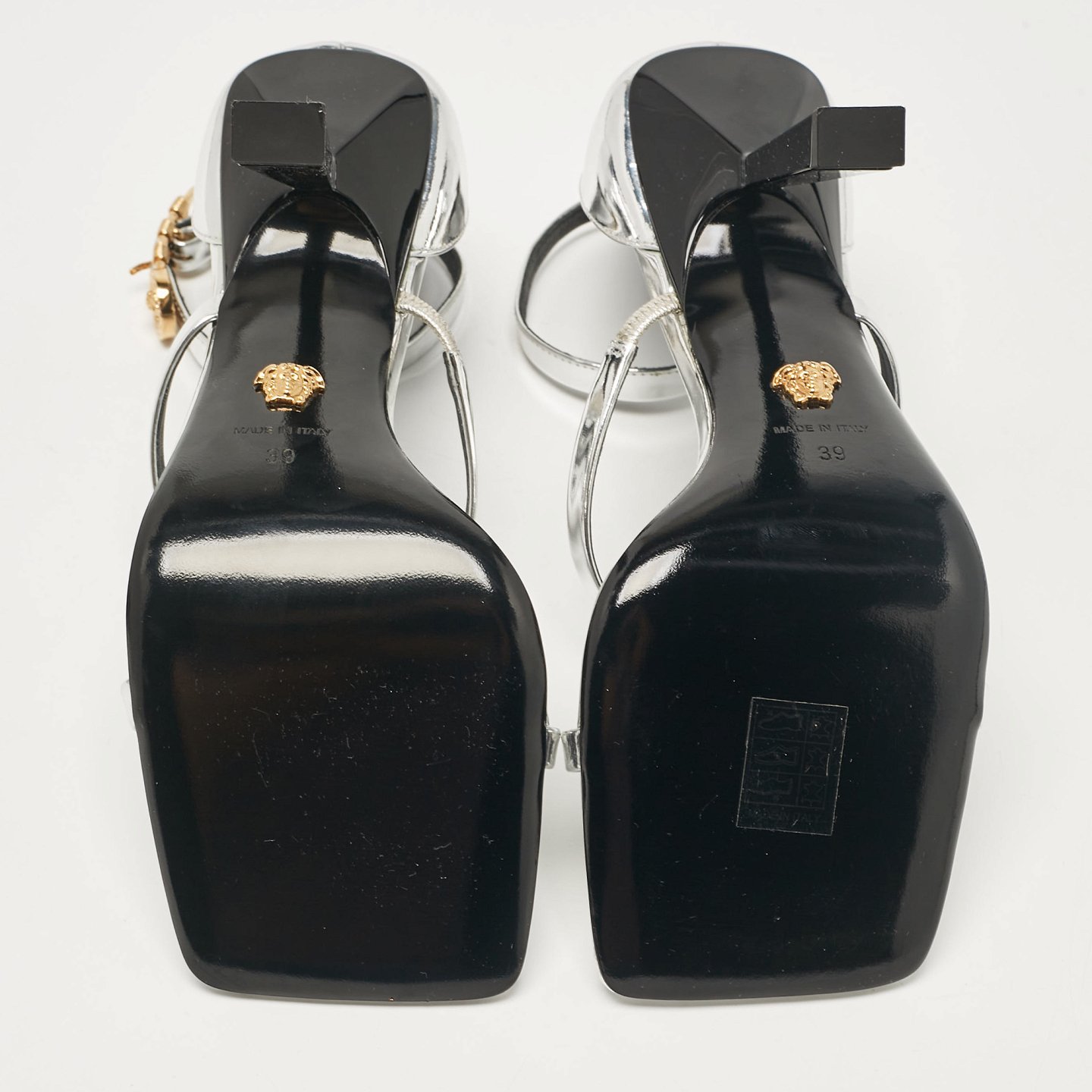 Silver Leather Safety Pin Ankle Strap Sandals 7