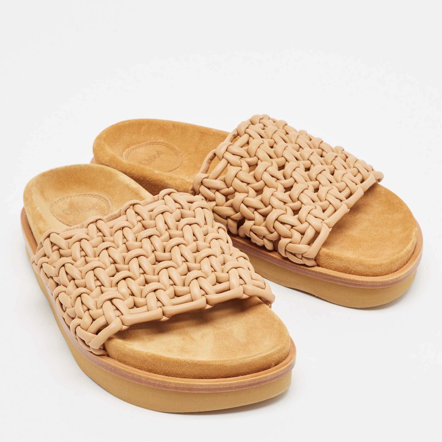 Beige Woven Leather Kacey Flat Slides 4