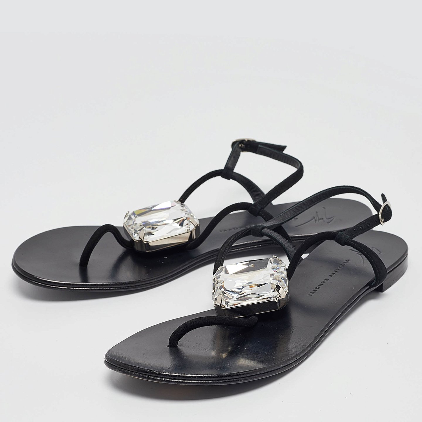 GIU Black Suede Crystal Embellished Slingback Sandals Size 38.5 6