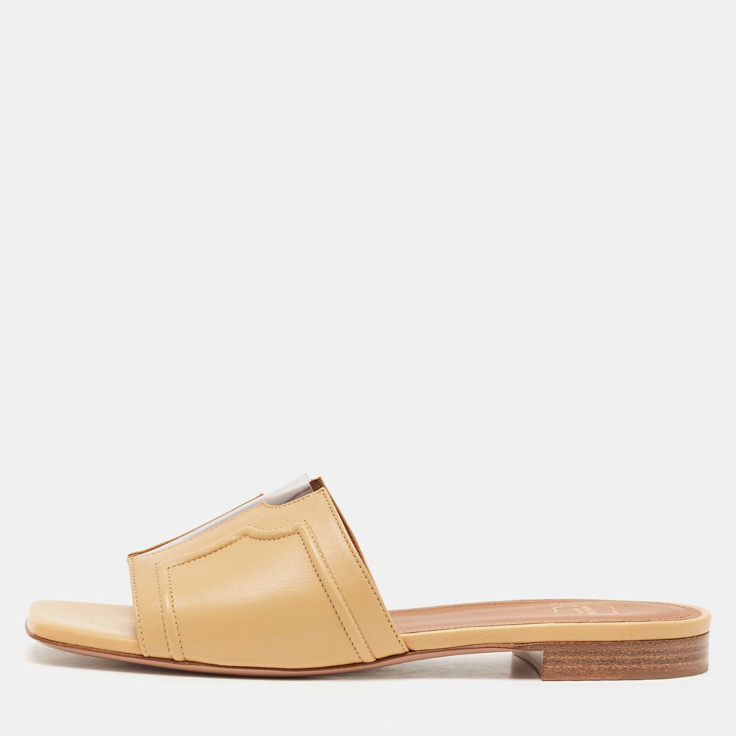 Beige Leather and PVC Silvia Flat Slides 1