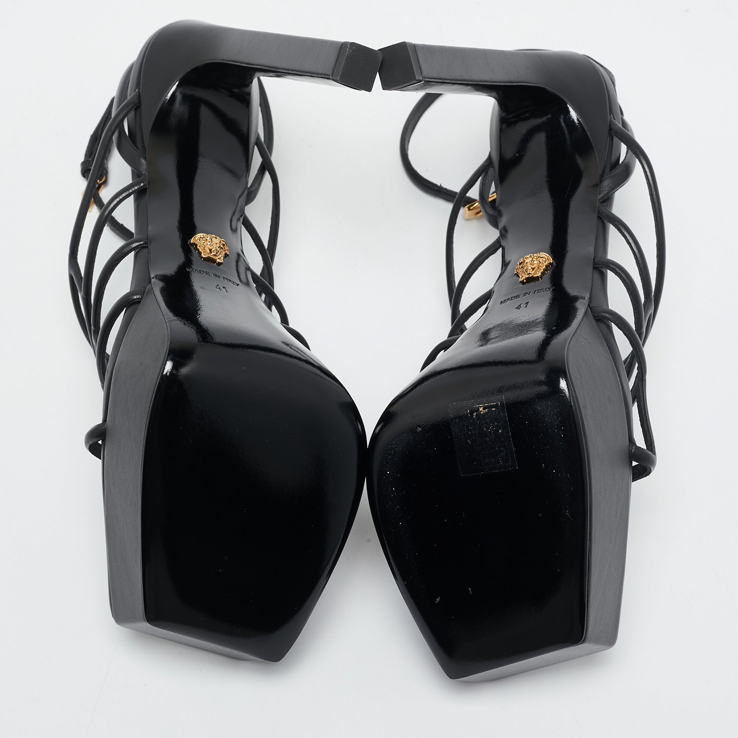 Black Leather Greca Cage Platform Sandals 1