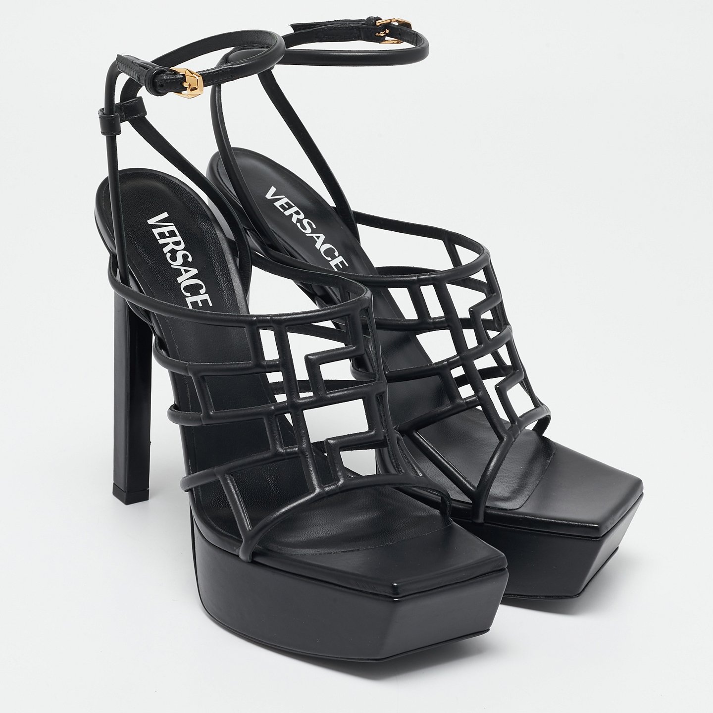 Black Leather Greca Cage Platform Sandals 4