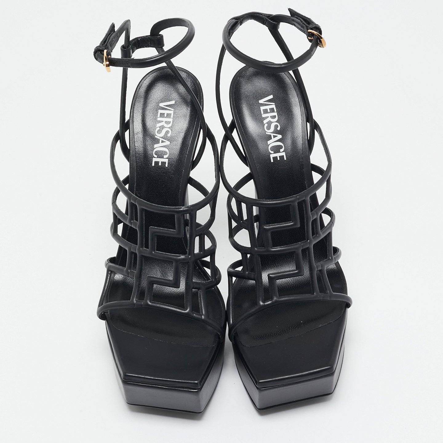 Black Leather Greca Cage Platform Sandals 5