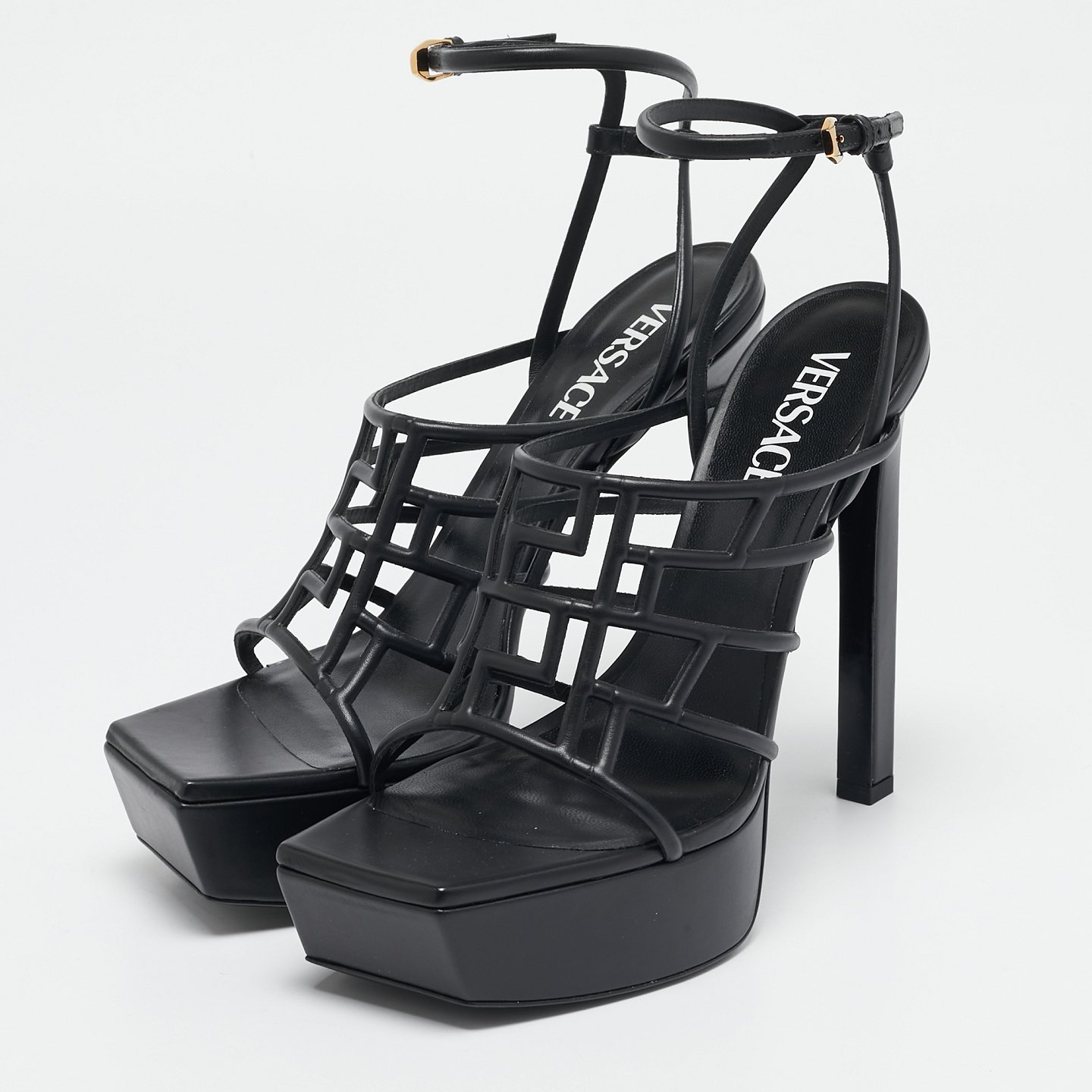 Black Leather Greca Cage Platform Sandals 6