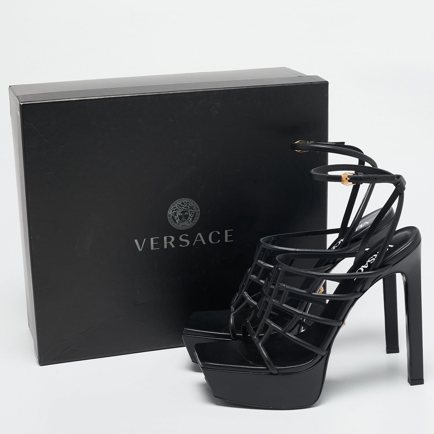 Black Leather Greca Cage Platform Sandals 7