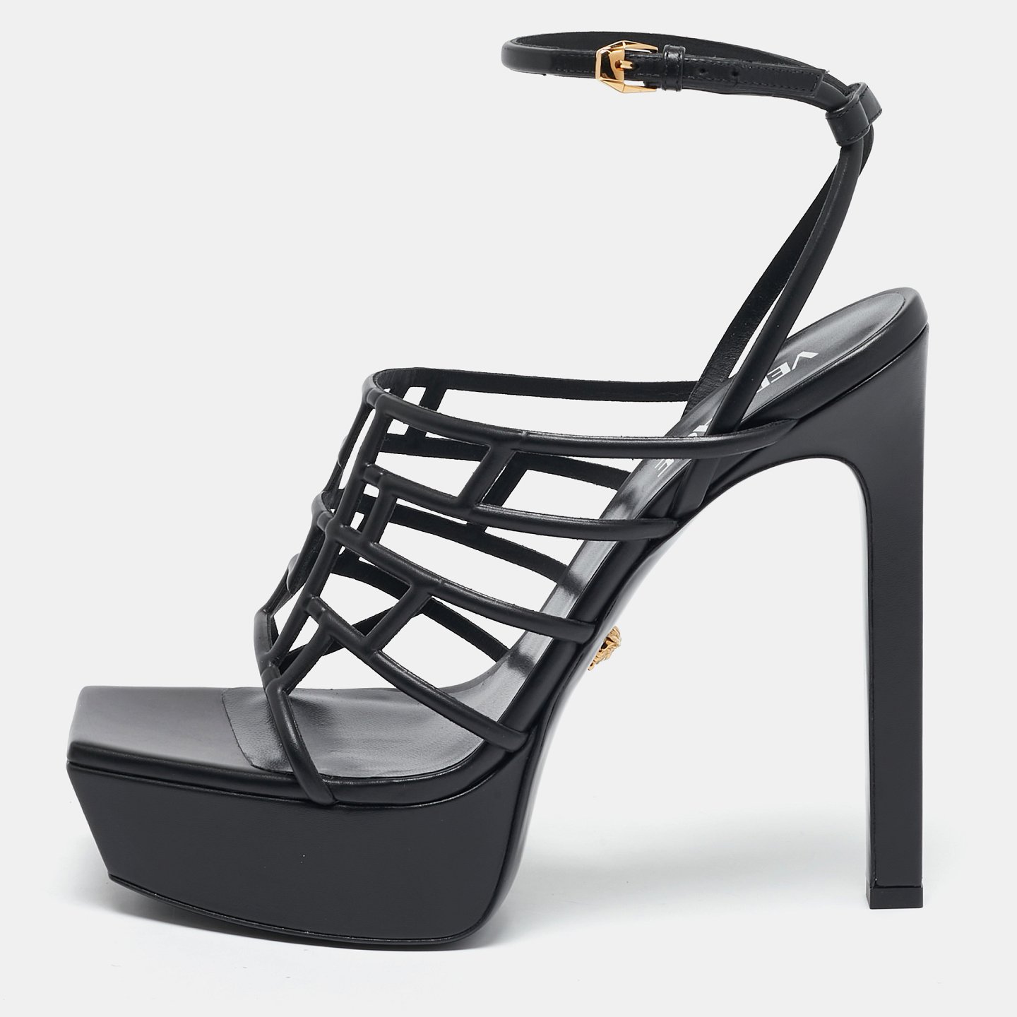 Black Leather Greca Cage Platform Sandals 8