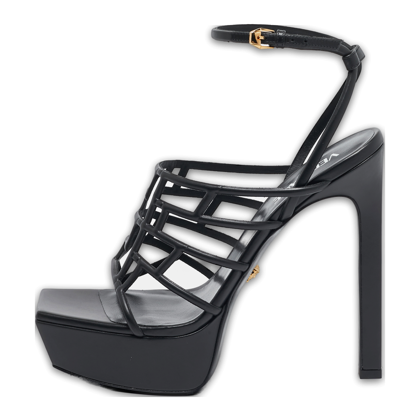 Black Leather Greca Cage Platform Sandals 0