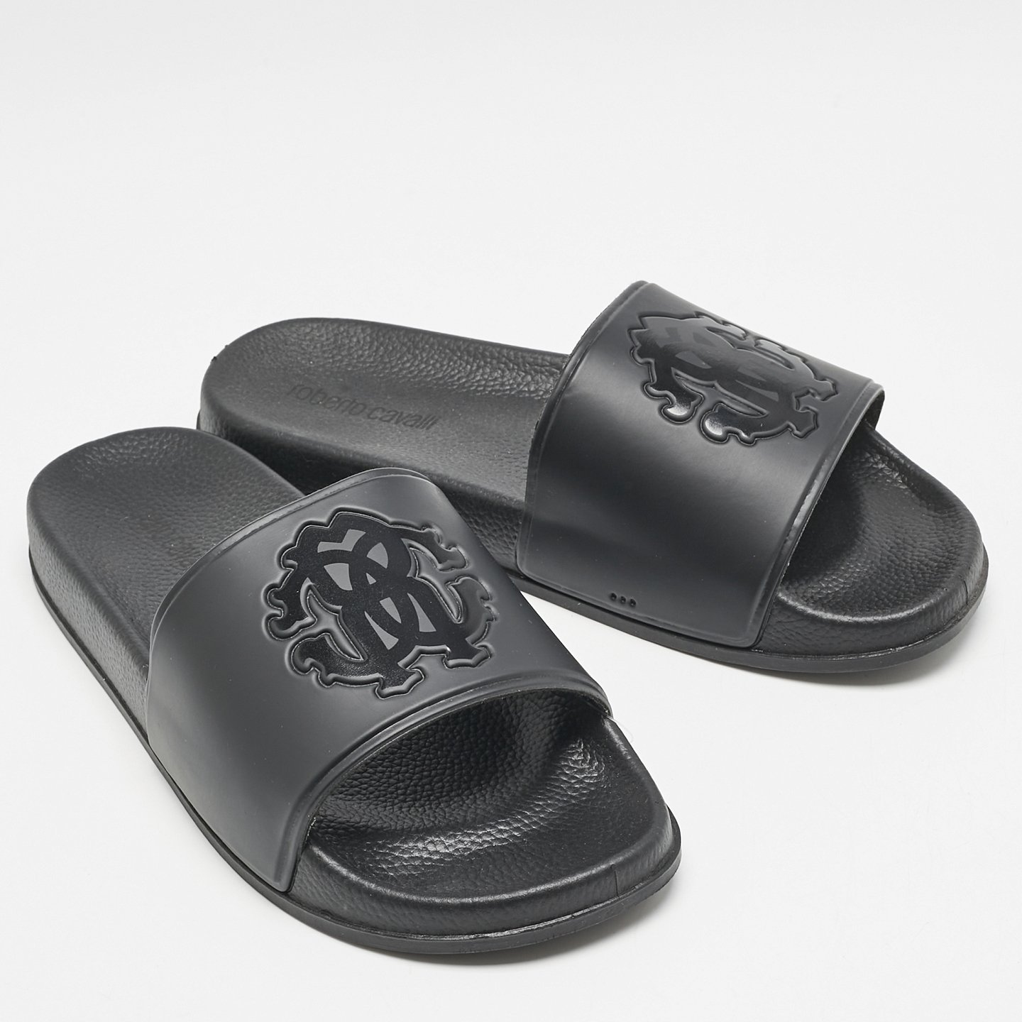 Black Rubber Logo Flat Slides 3