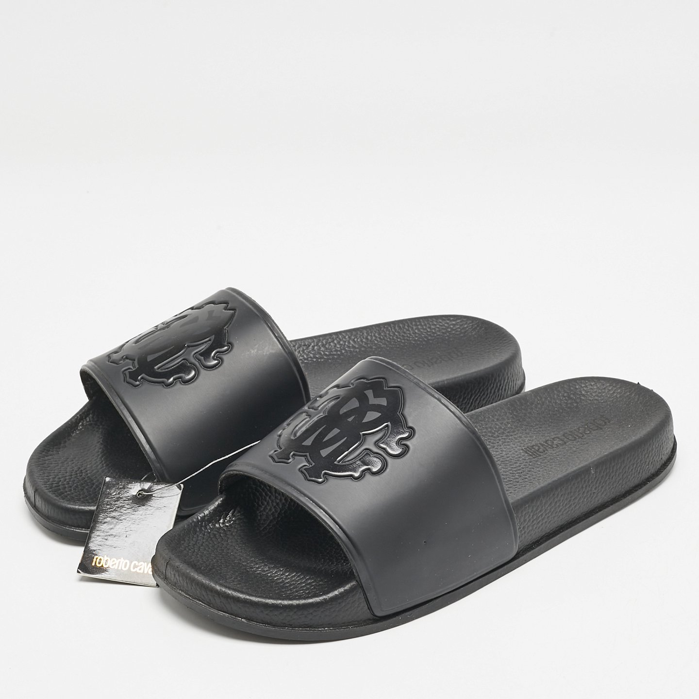 Black Rubber Logo Flat Slides 7