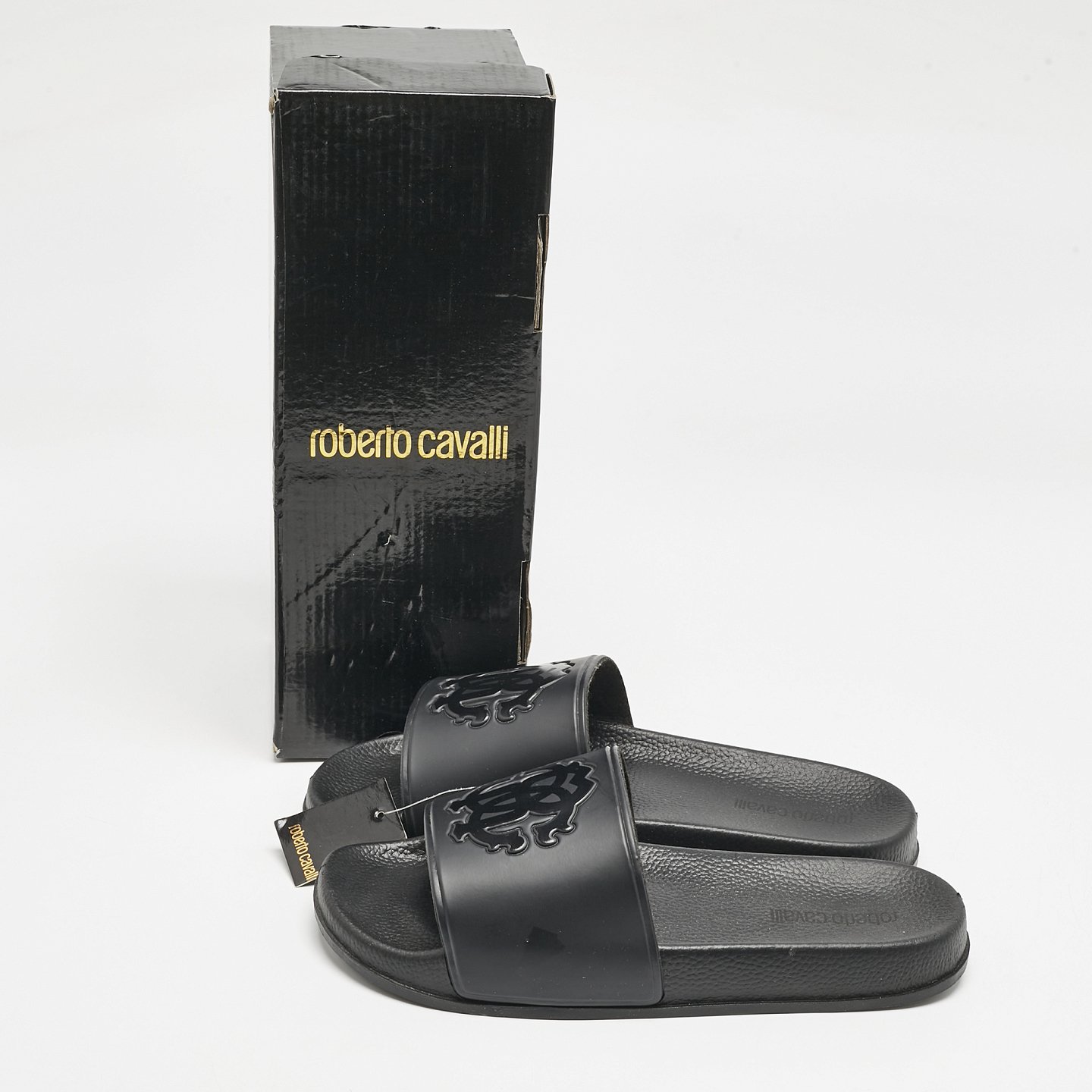 Black Rubber Logo Flat Slides 8
