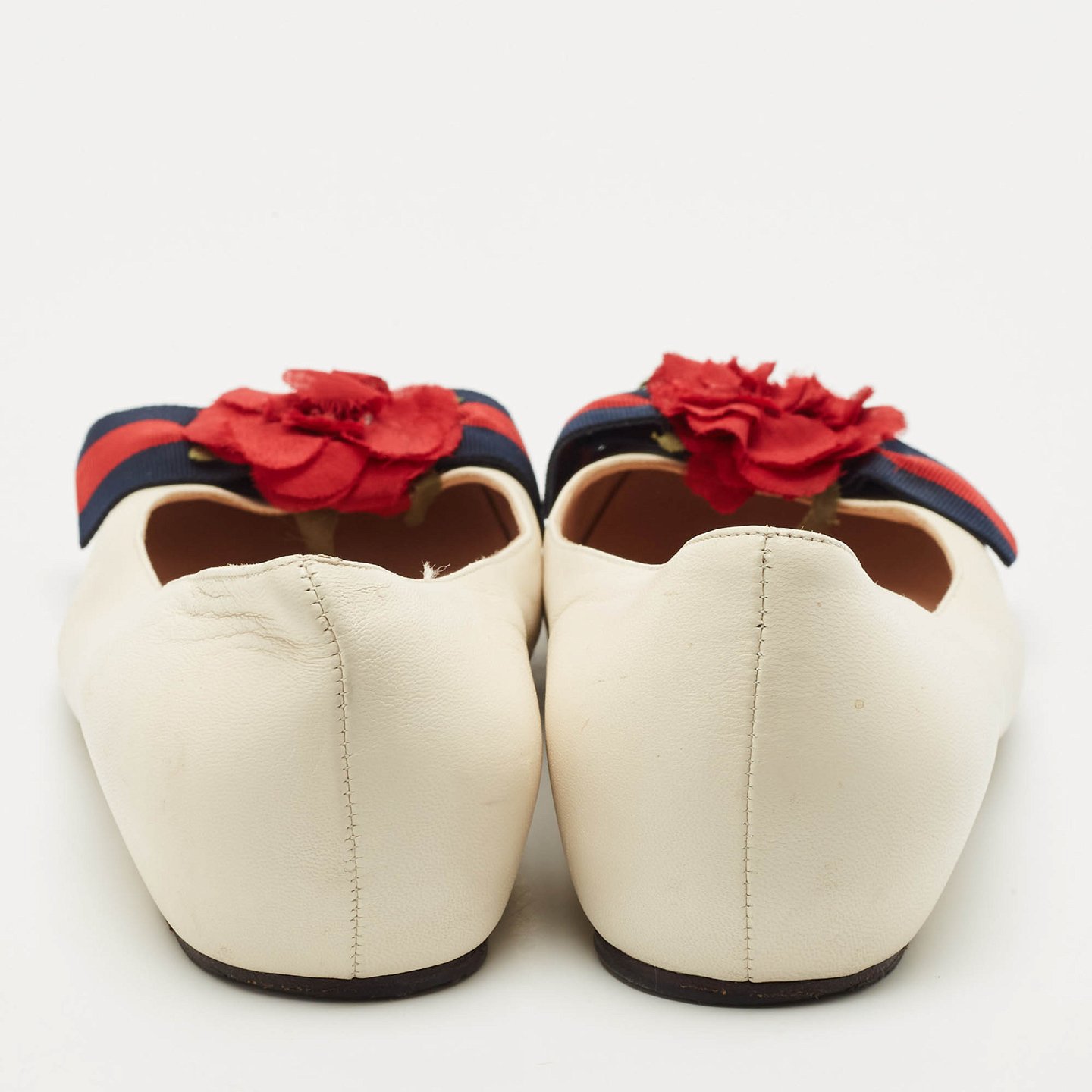 Cream Leather Web Bow Rose Detail Ballet Flats 5