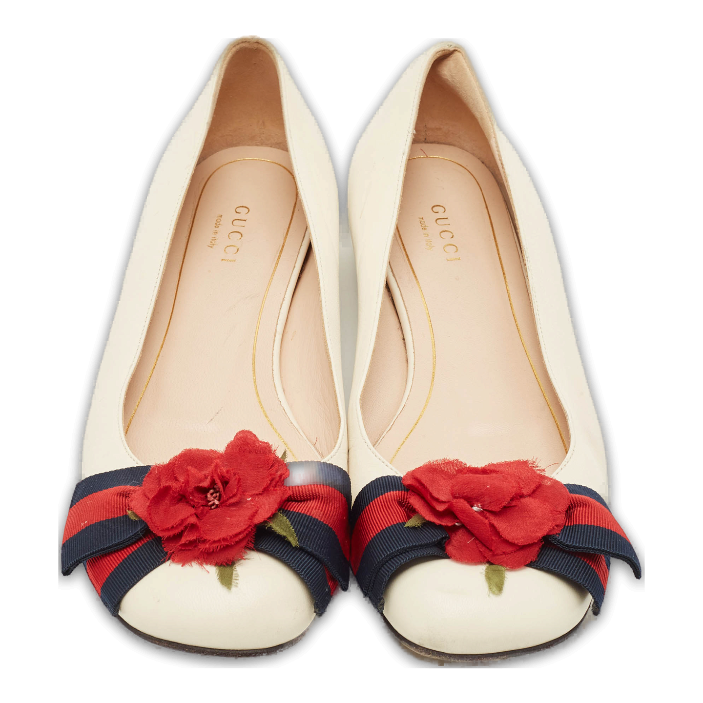 Cream Leather Web Bow Rose Detail Ballet Flats 0