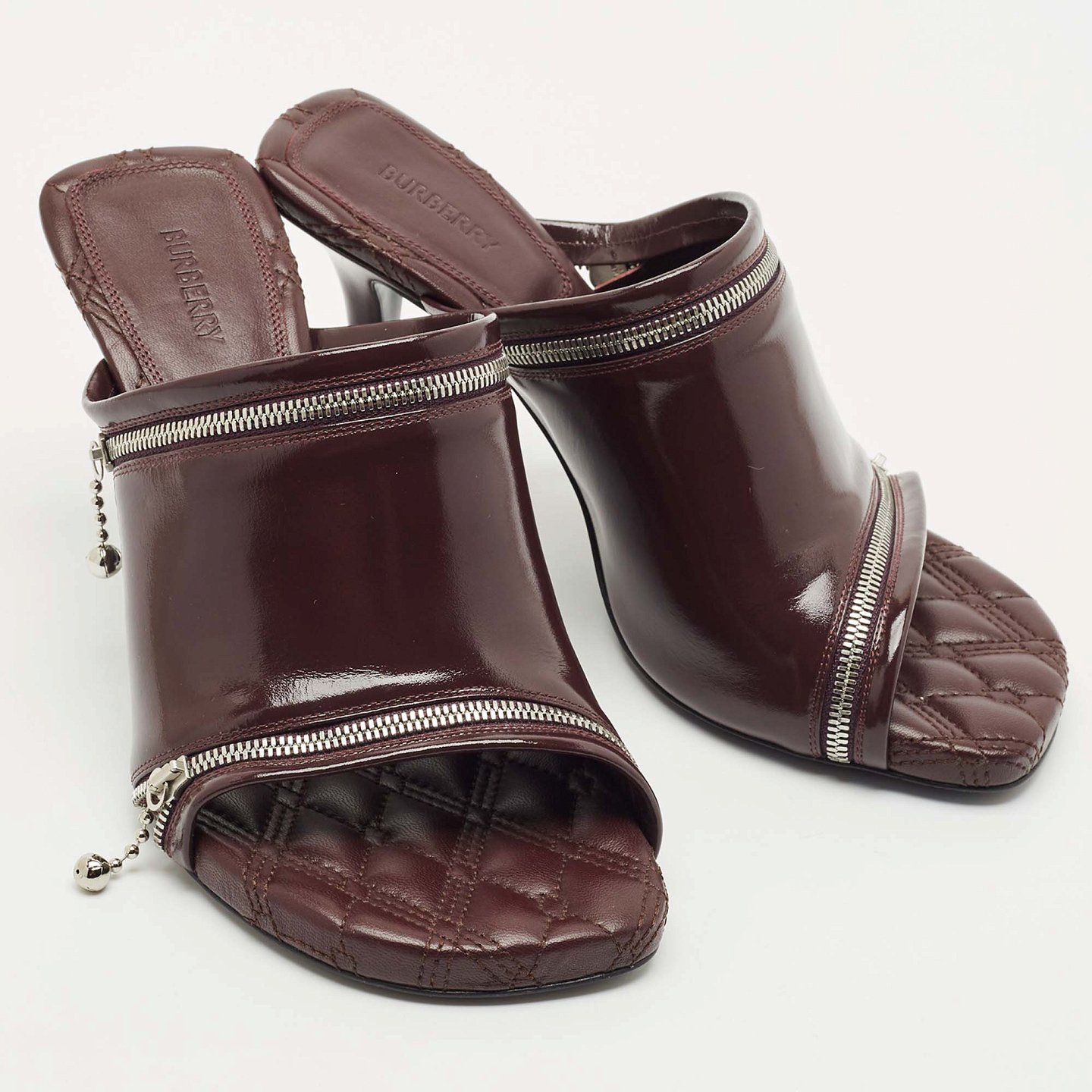 Burgundy Quilted Leather Double Zip Heel Mules 3