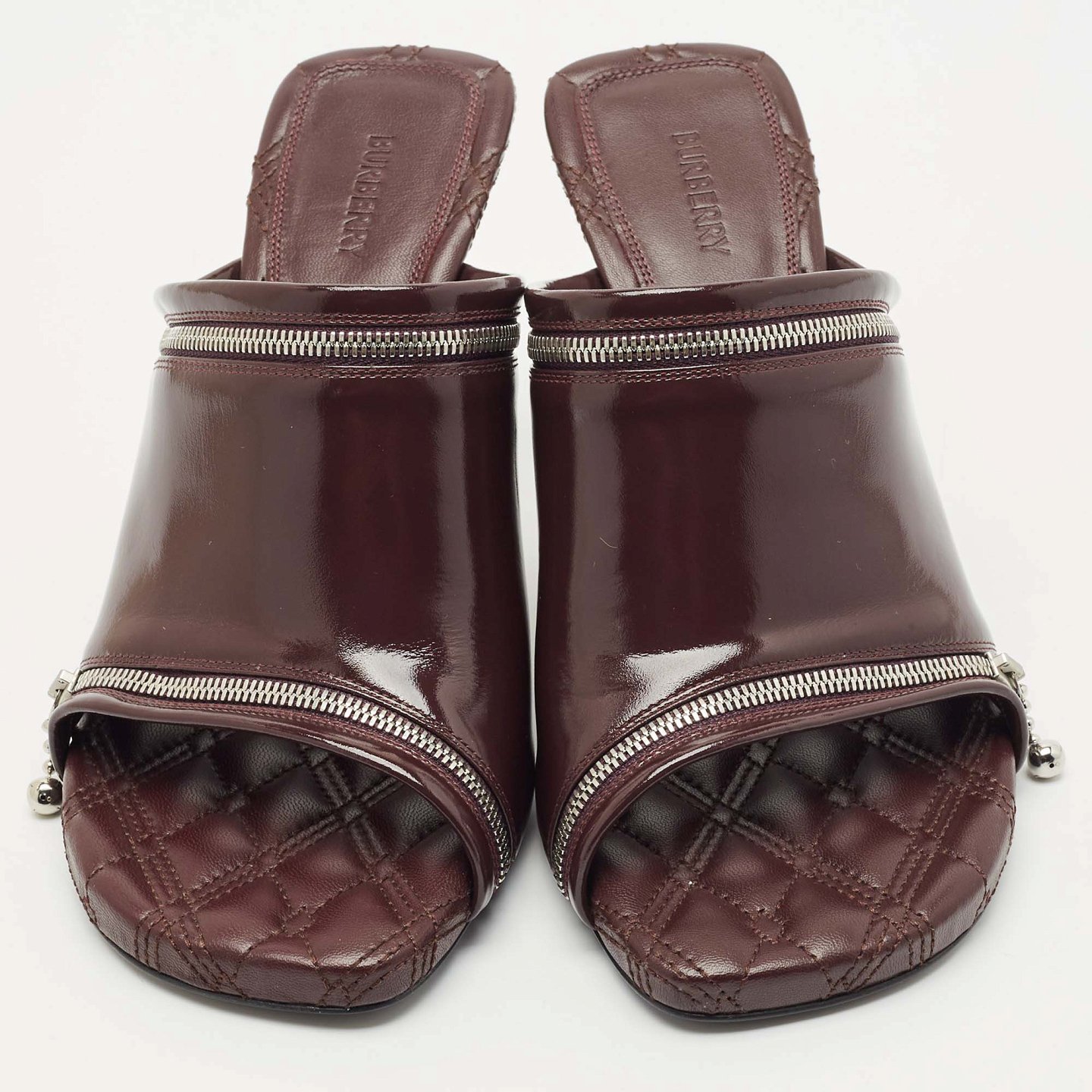 Burgundy Quilted Leather Double Zip Heel Mules 4