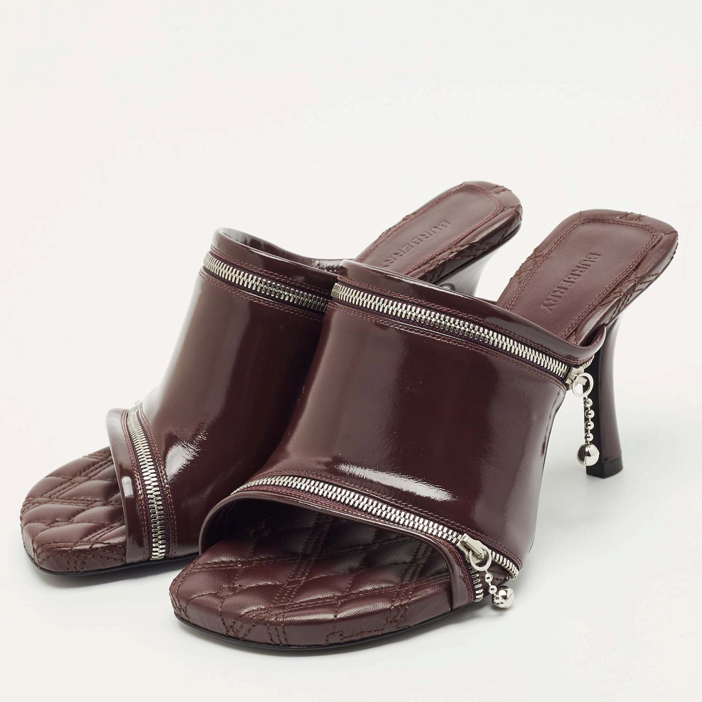 Burgundy Quilted Leather Double Zip Heel Mules 1
