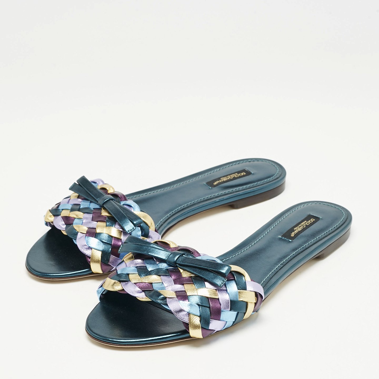 Multicolor Metallic Leather Woven Bow Flat Slide Sandals 1