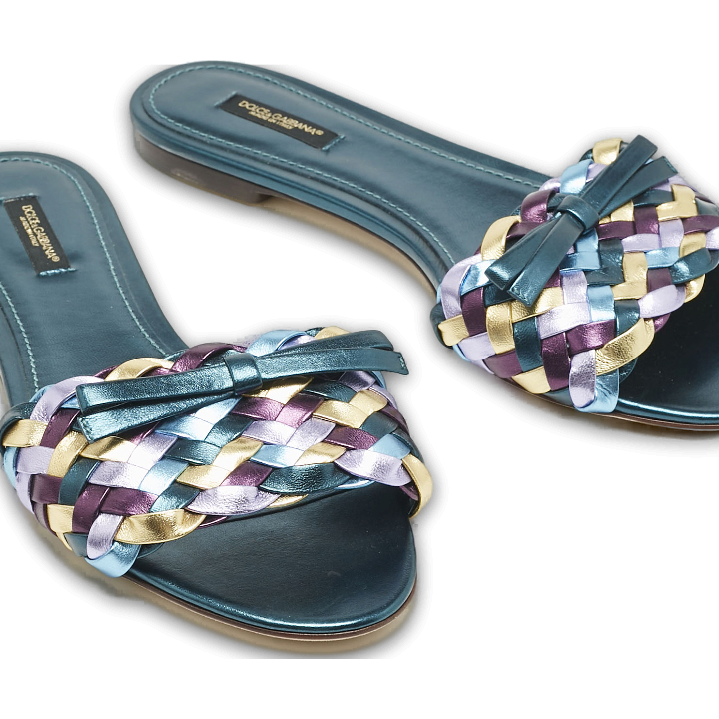 Multicolor Metallic Leather Woven Bow Flat Slide Sandals 0