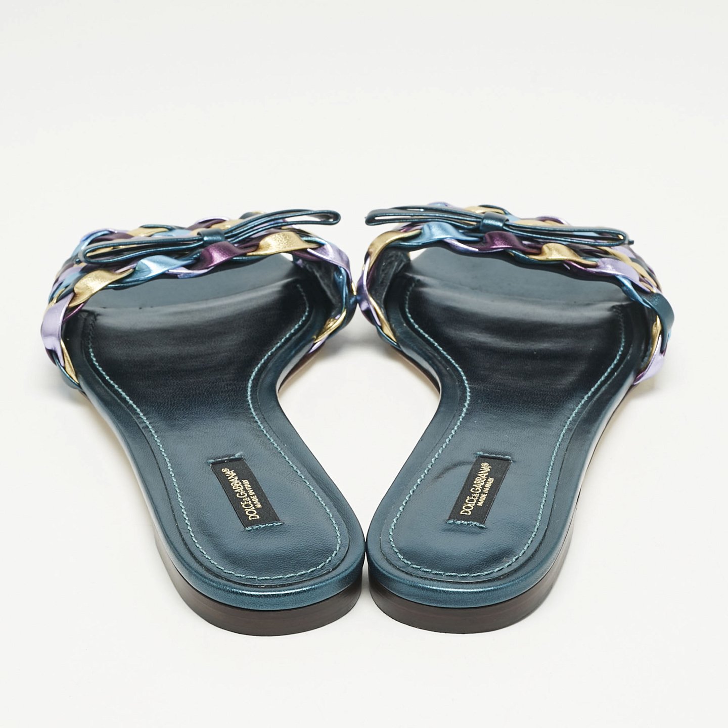 Multicolor Metallic Leather Woven Bow Flat Slide Sandals 6