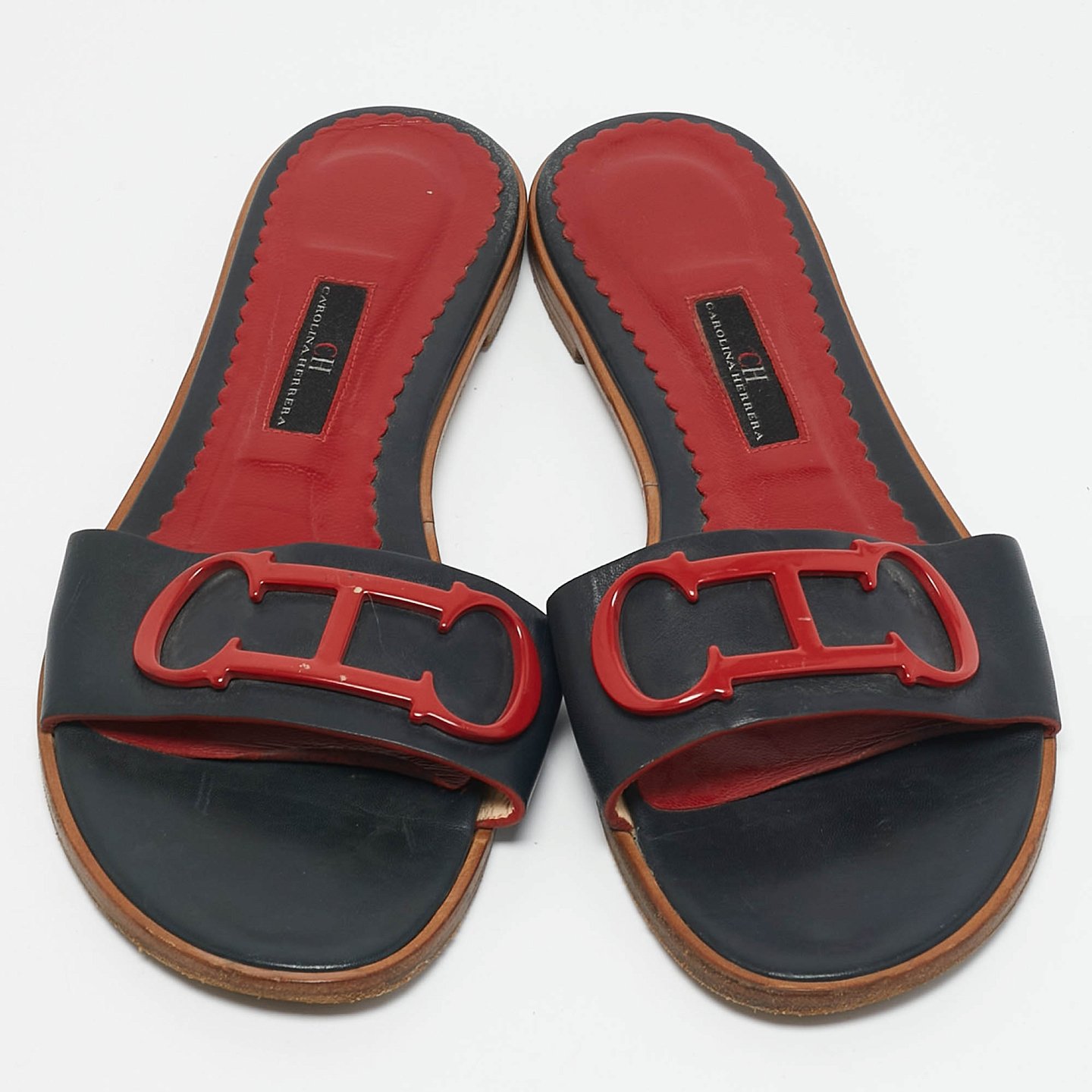 Navy Blue Leather Slide Sandals 7