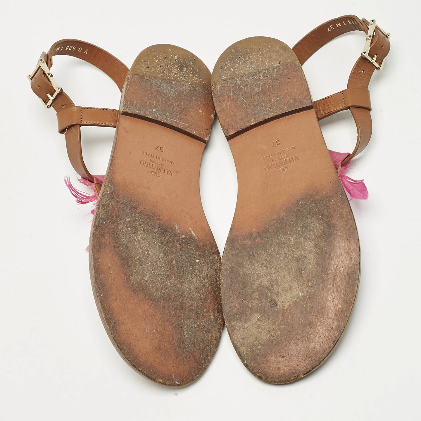 Brown/Pink Feather and Leather Flat Sandals 9