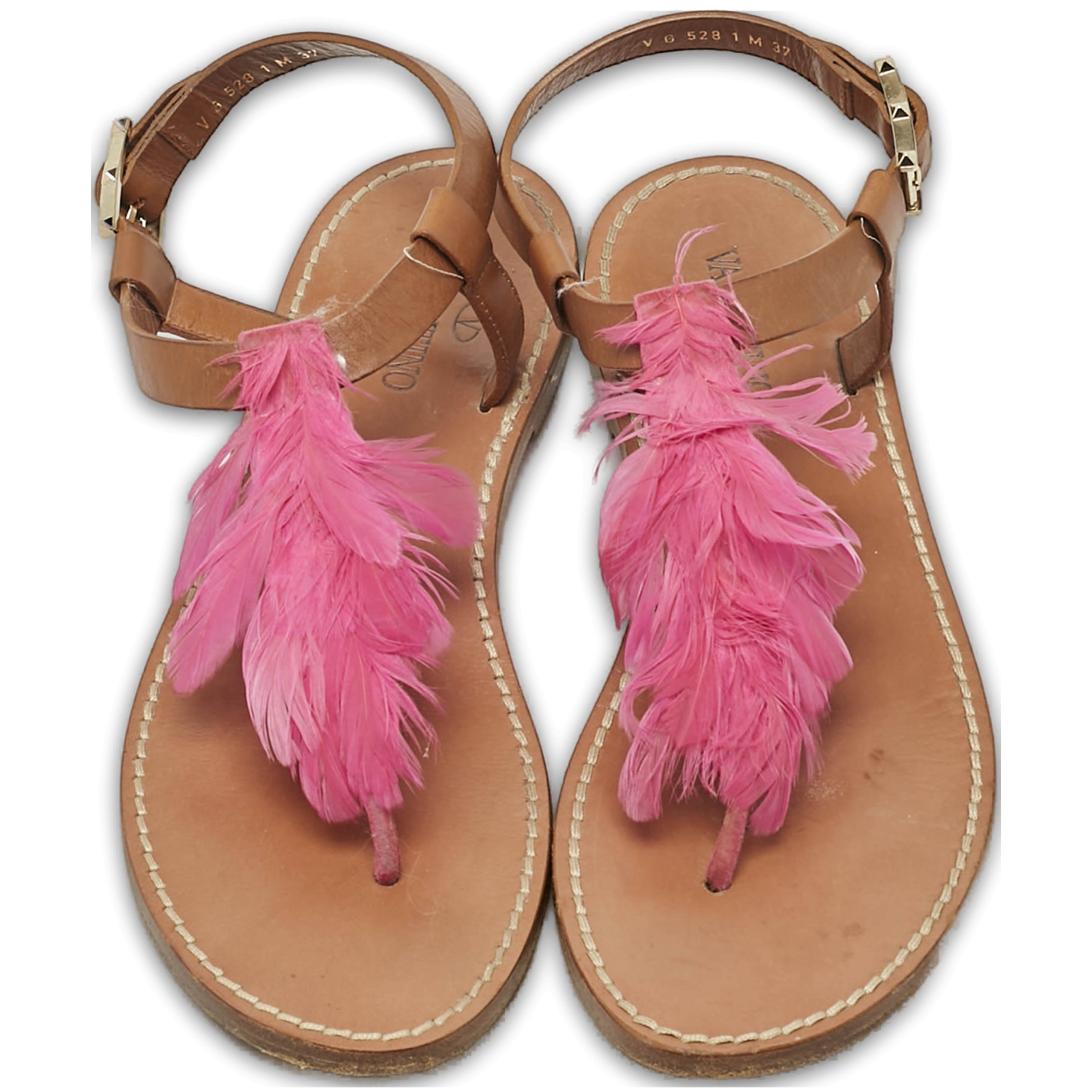 Brown/Pink Feather and Leather Flat Sandals 0