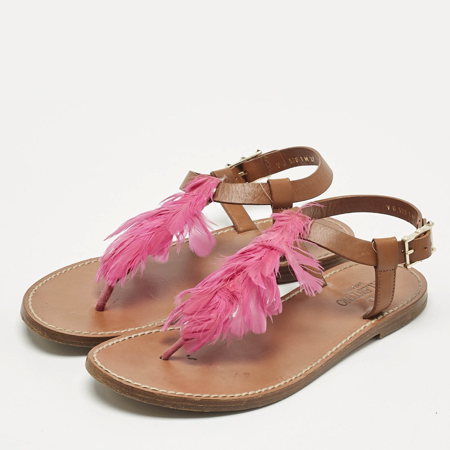 Brown/Pink Feather and Leather Flat Sandals 5