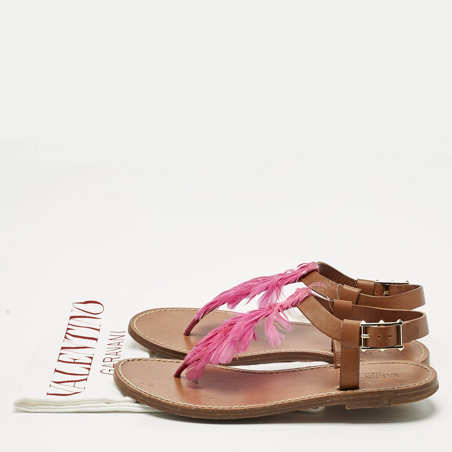 Brown/Pink Feather and Leather Flat Sandals 6