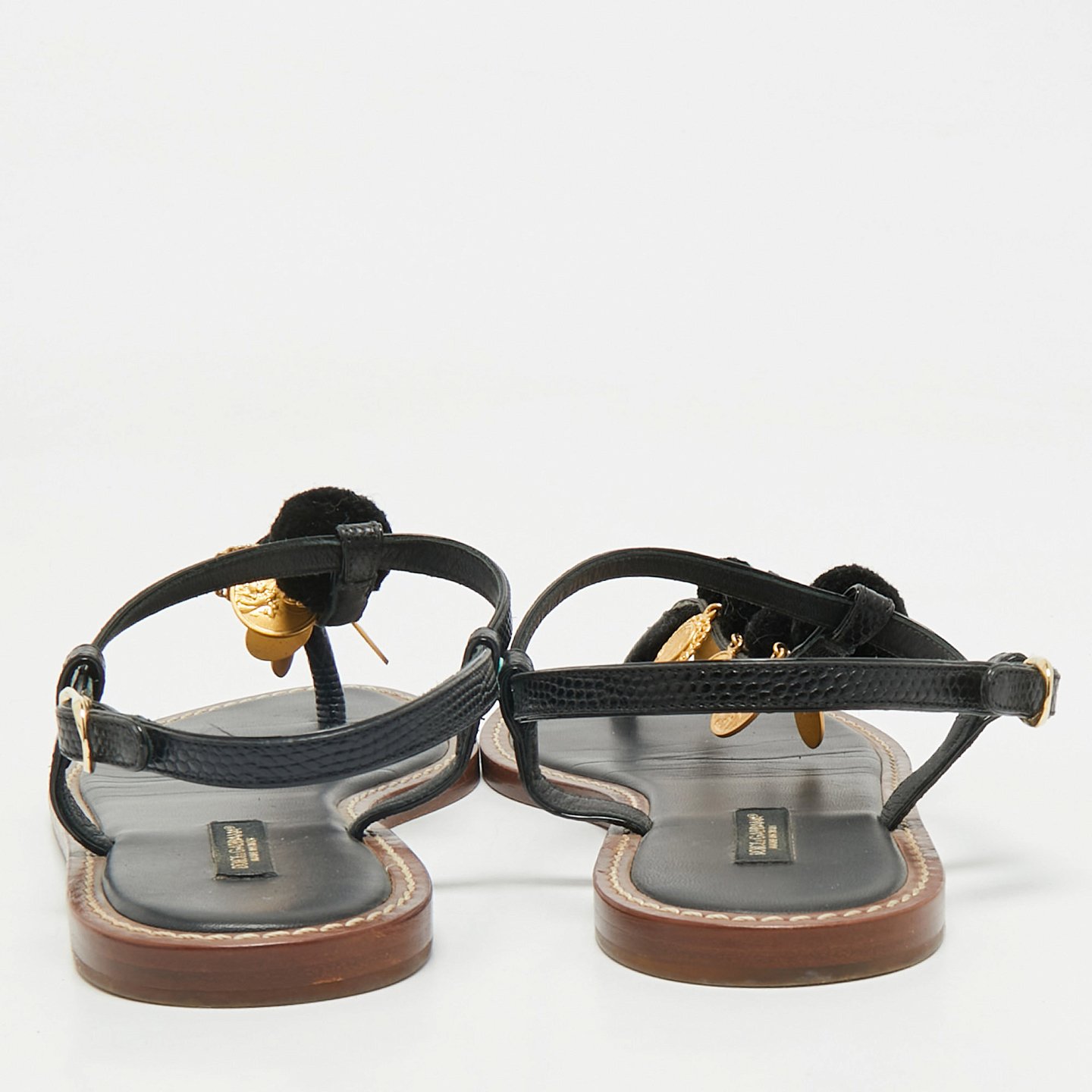 Black Lizard Embossed Leather Embellished Thong Flats 4