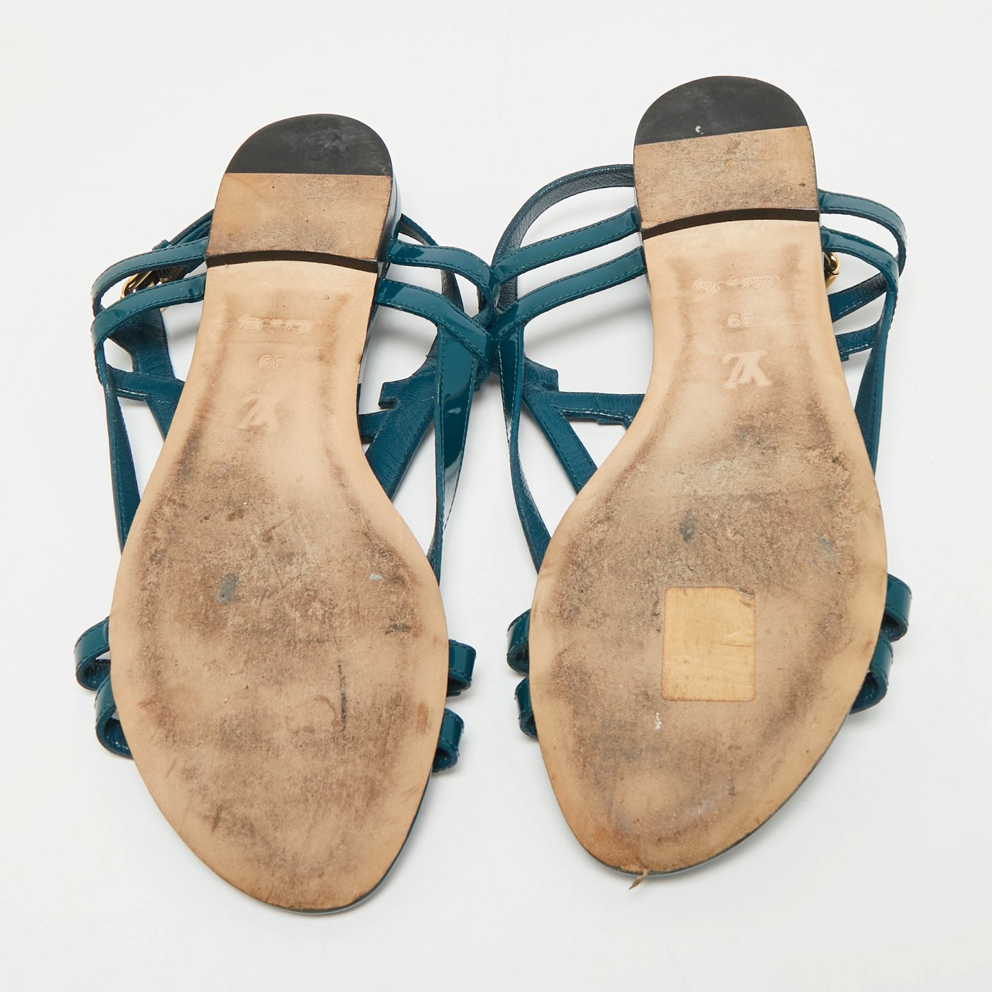 Dark Green Patent Leather Crossing Logo Flat Sandals 3