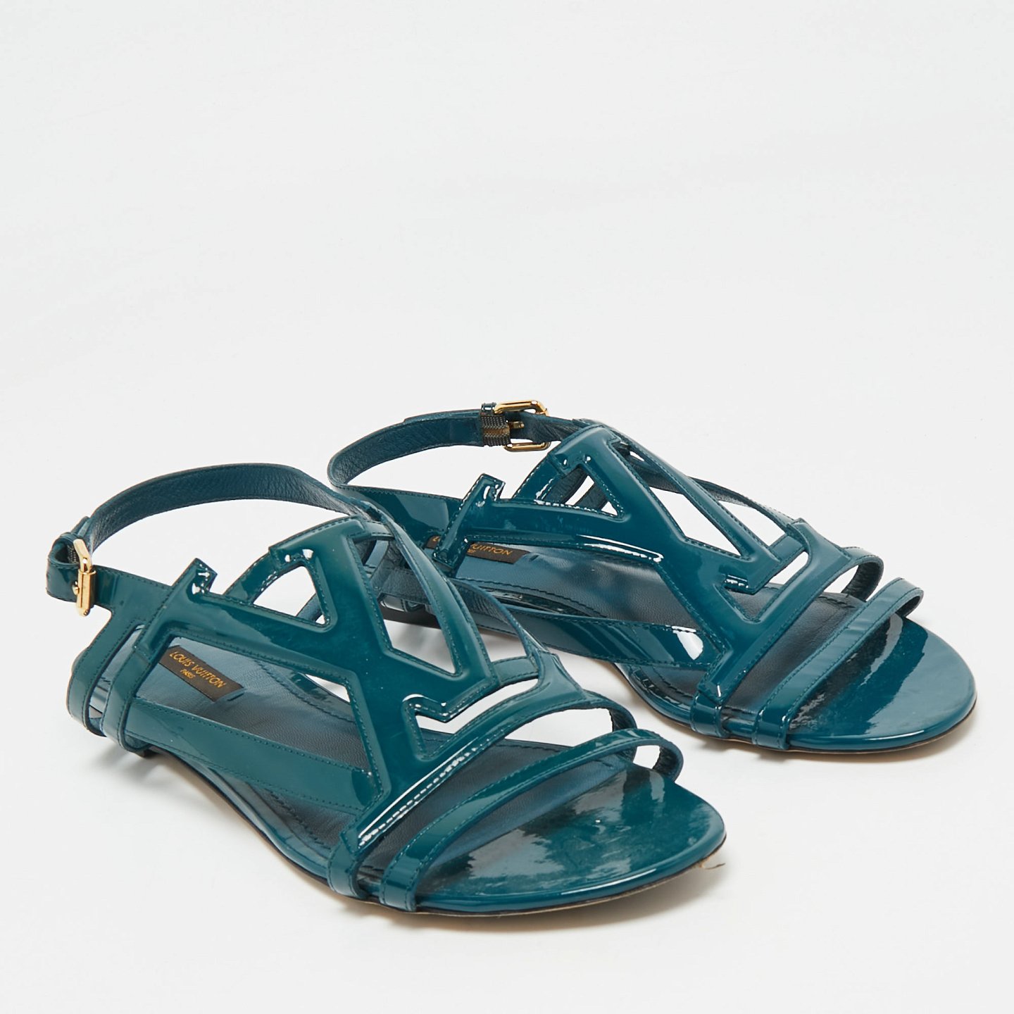 Dark Green Patent Leather Crossing Logo Flat Sandals 4