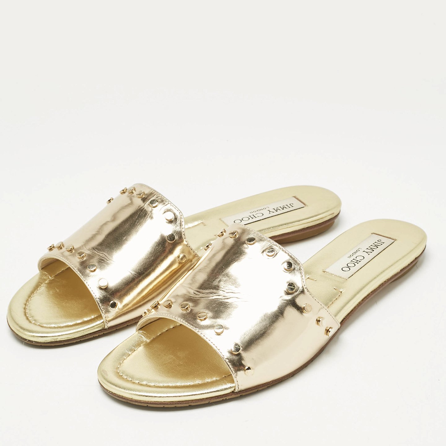 Jimmy Choo Gold Patent Leather Nanda Flat Slides Size 38.5 3