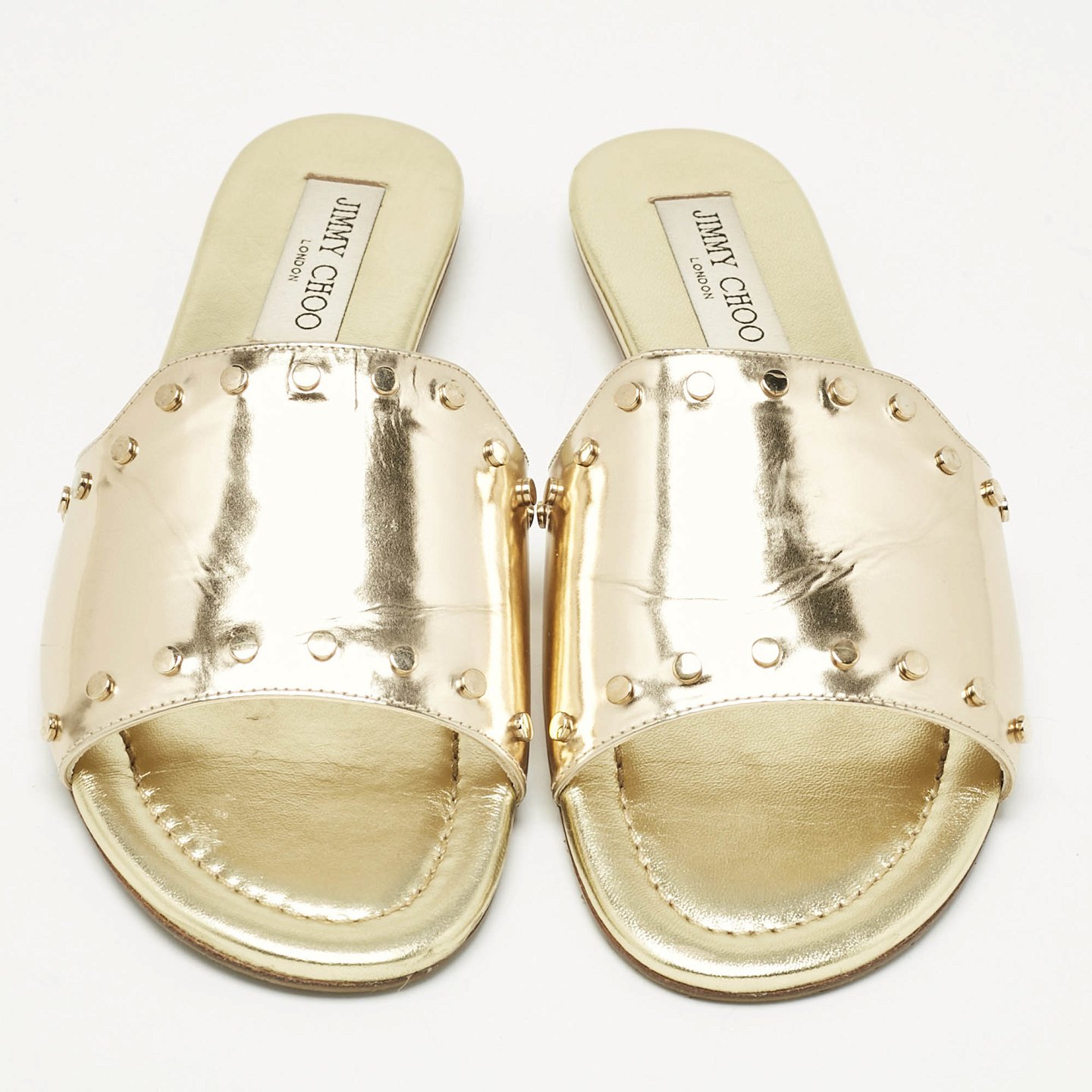 Jimmy Choo Gold Patent Leather Nanda Flat Slides Size 38.5 9