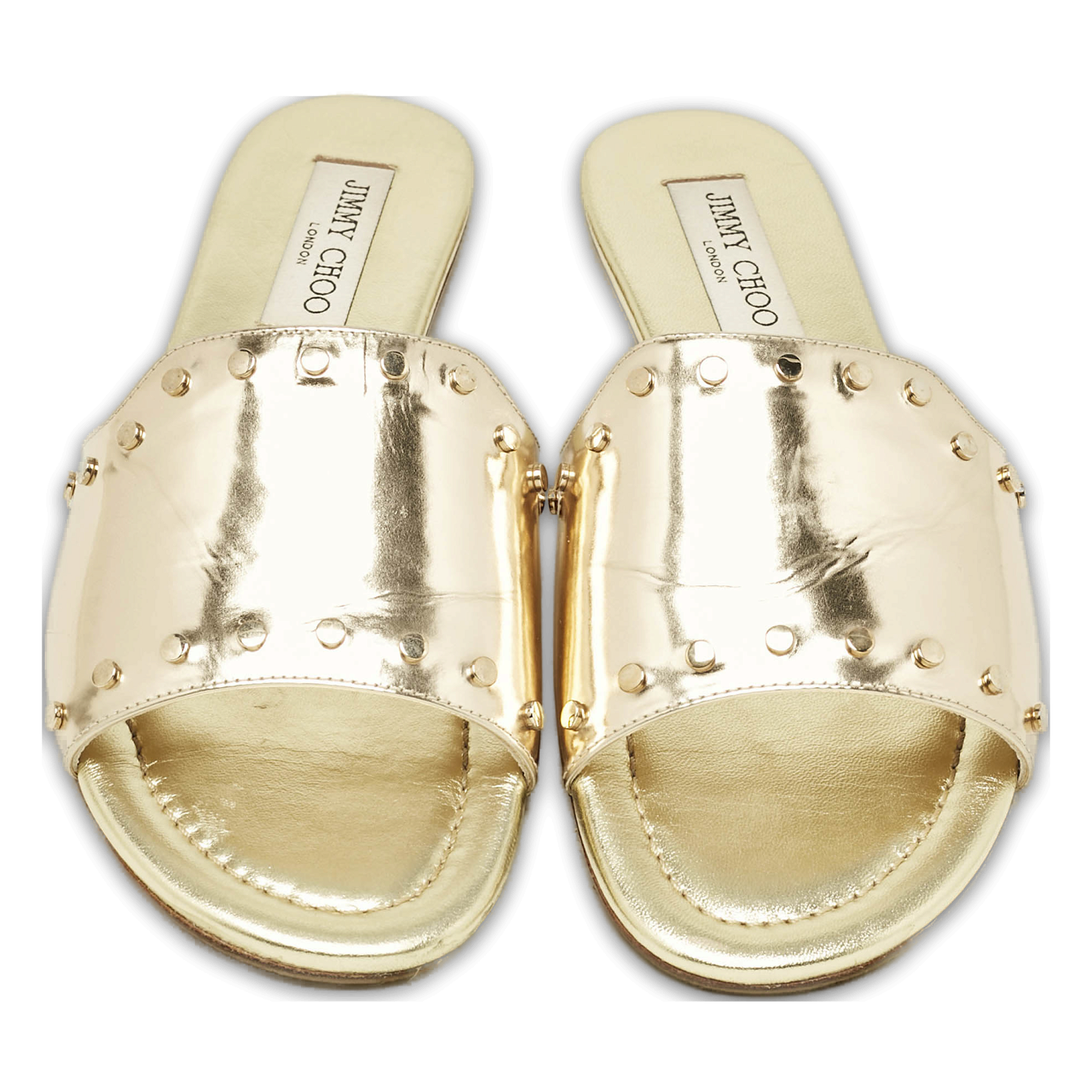 Jimmy Choo Gold Patent Leather Nanda Flat Slides Size 38.5 0