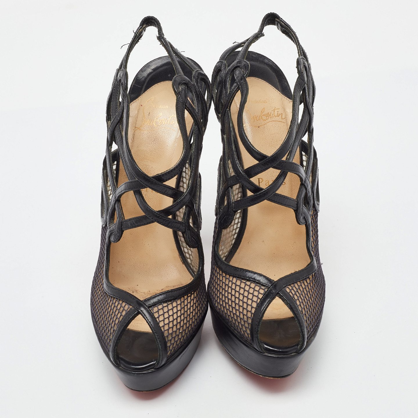 Black Leather and Mesh Strappy Platform Slingback Sandals 6