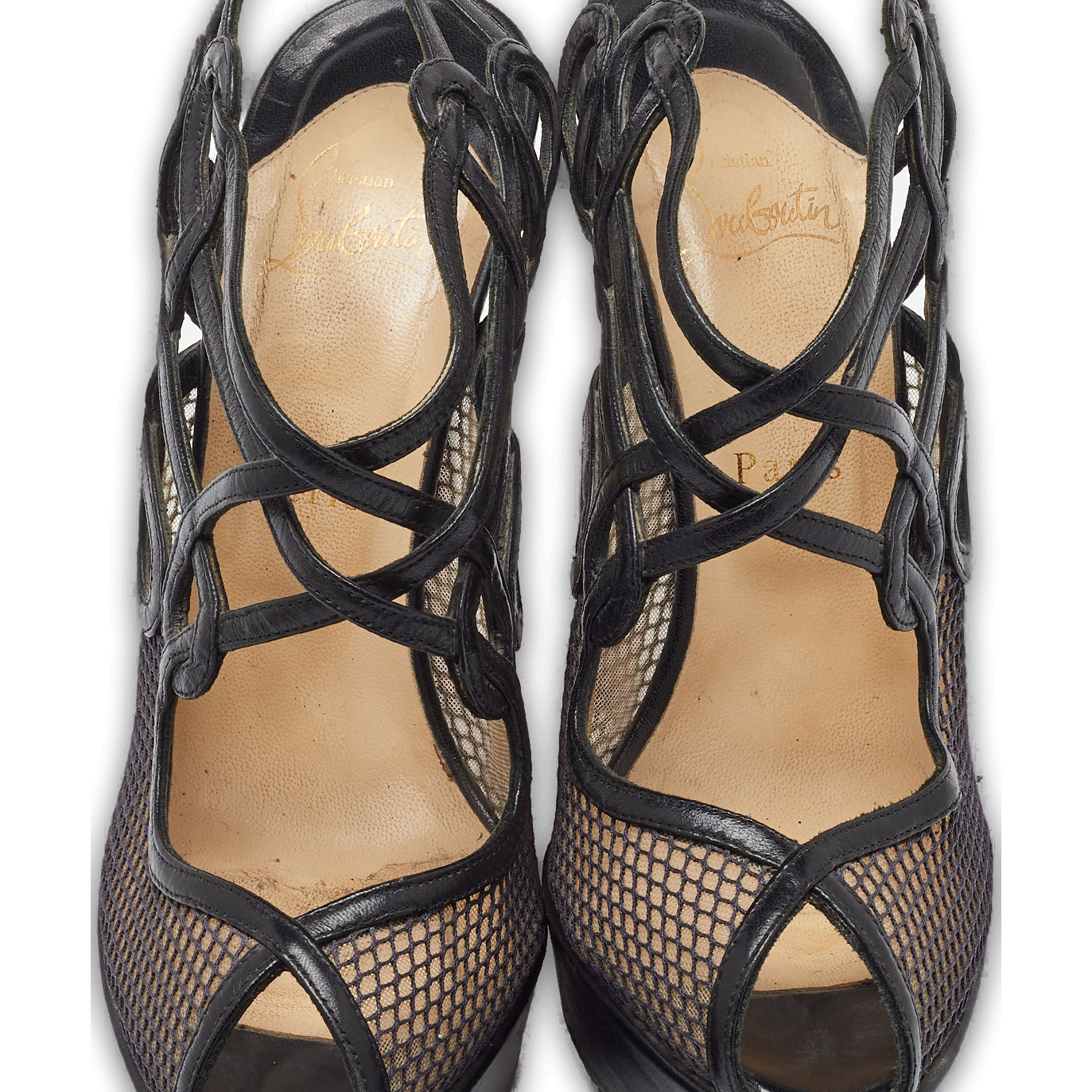 Black Leather and Mesh Strappy Platform Slingback Sandals 0