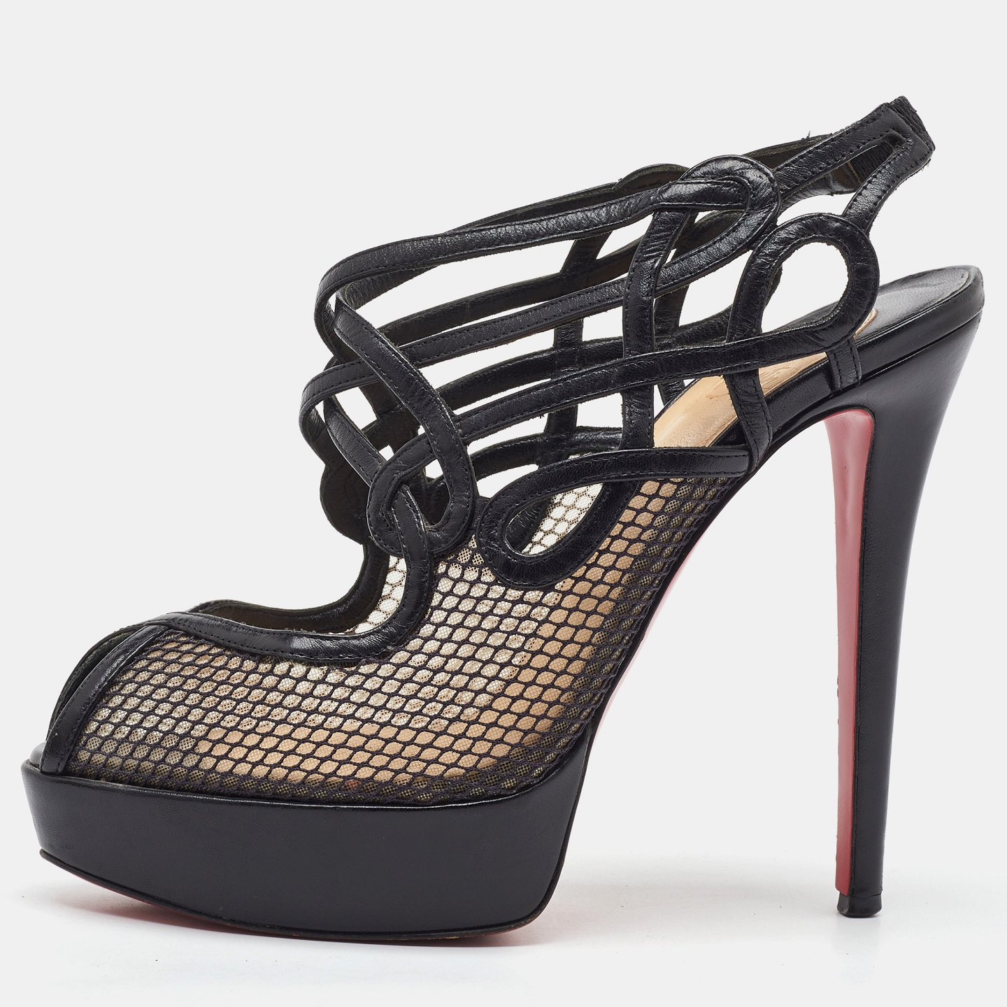 Black Leather and Mesh Strappy Platform Slingback Sandals 7