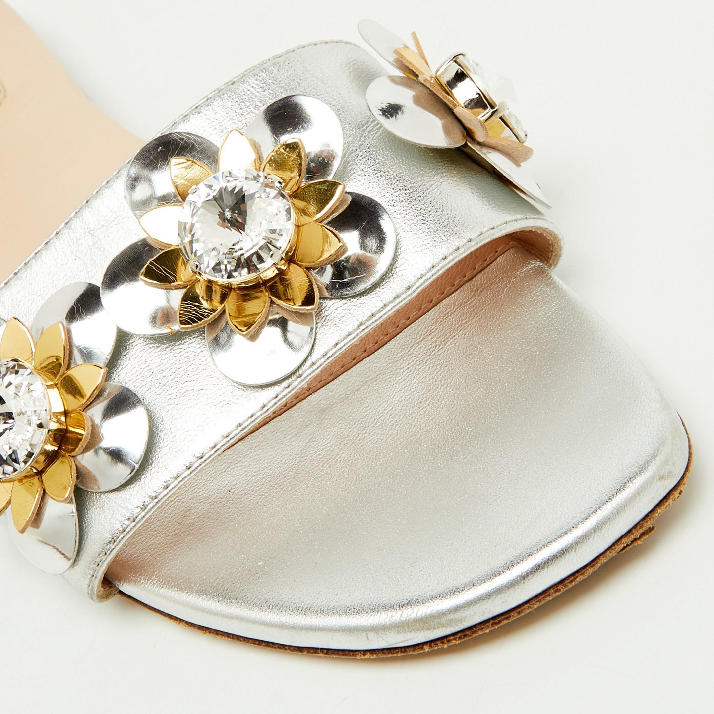 Silver Leather Flowerland Embellished Flat Slide Sandals 3