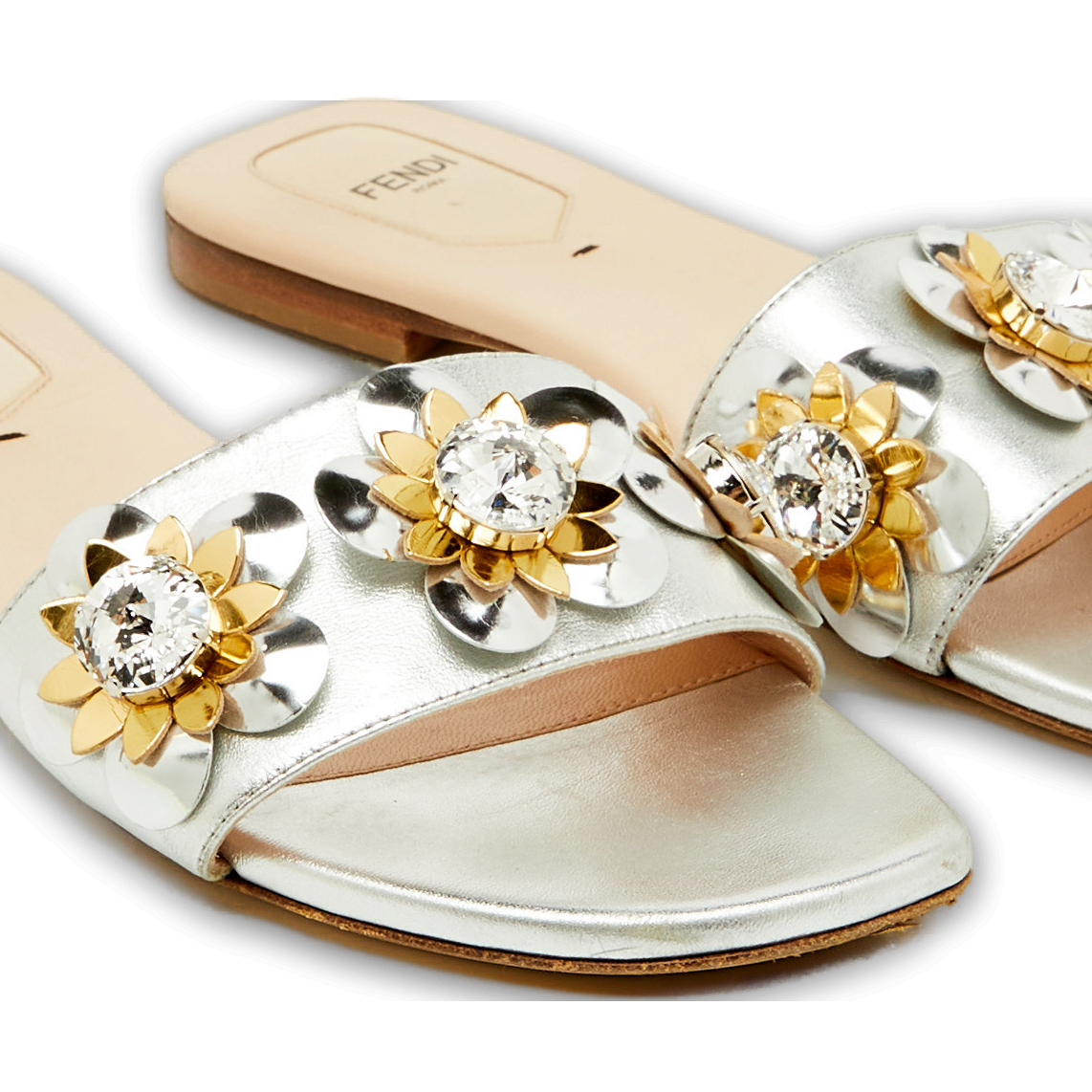 Silver Leather Flowerland Embellished Flat Slide Sandals 0