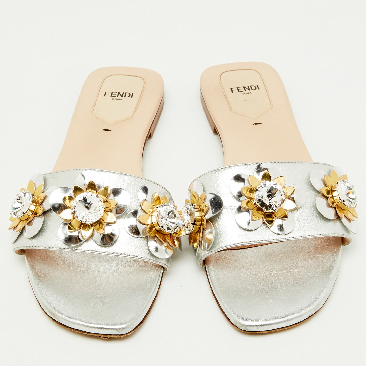 Silver Leather Flowerland Embellished Flat Slide Sandals 6