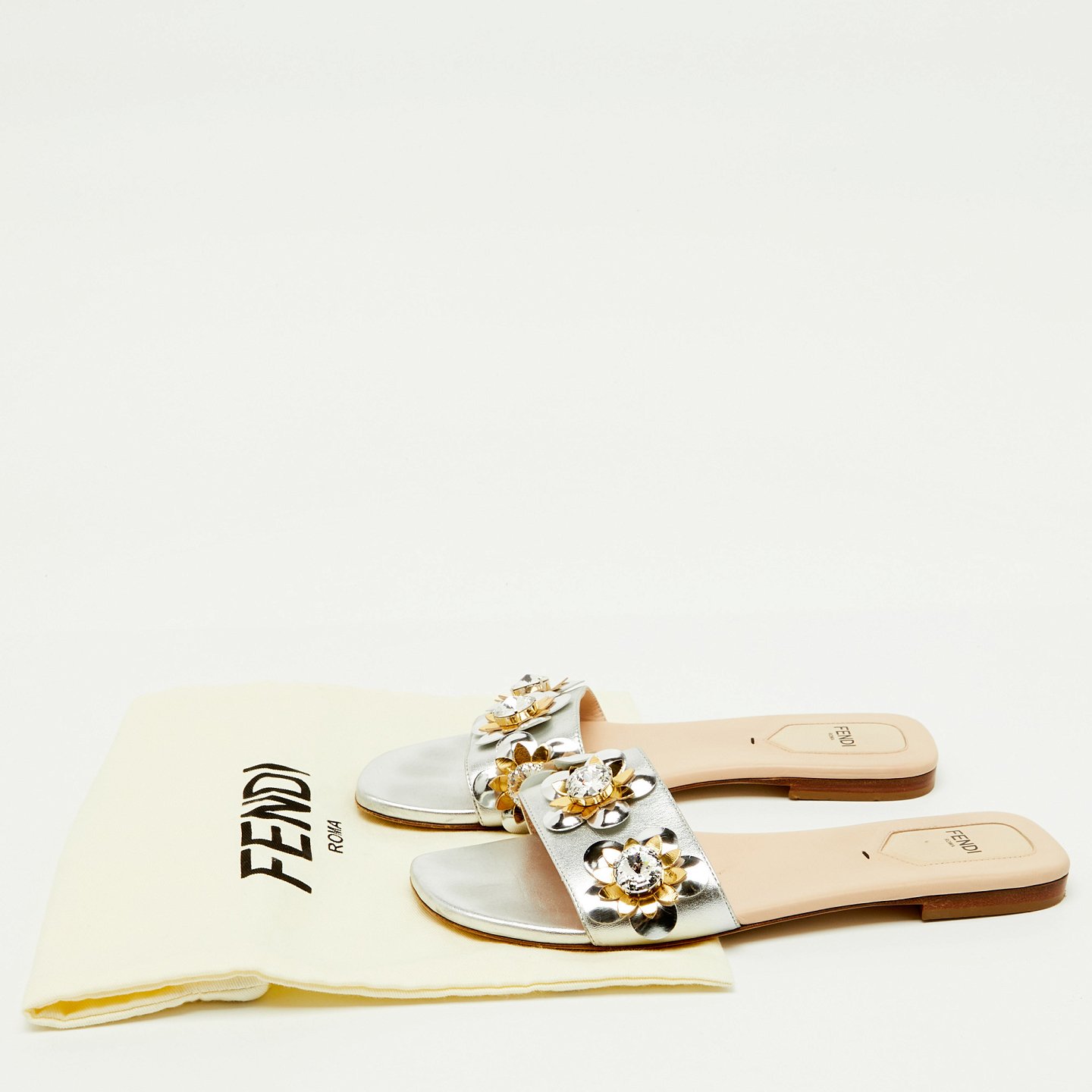 Silver Leather Flowerland Embellished Flat Slide Sandals 1