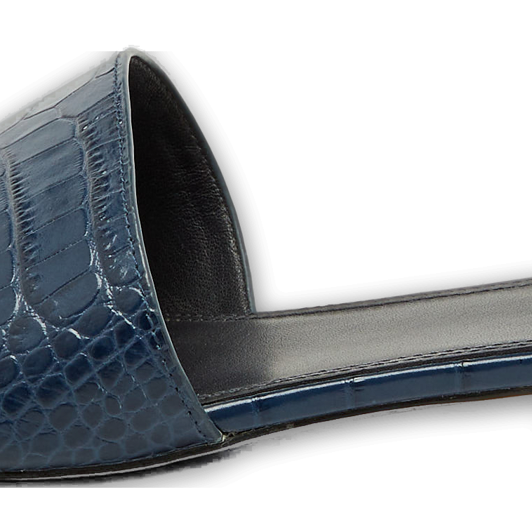 Navy Blue Croc Embossed Leather Martine Flat Slide Sandals 0