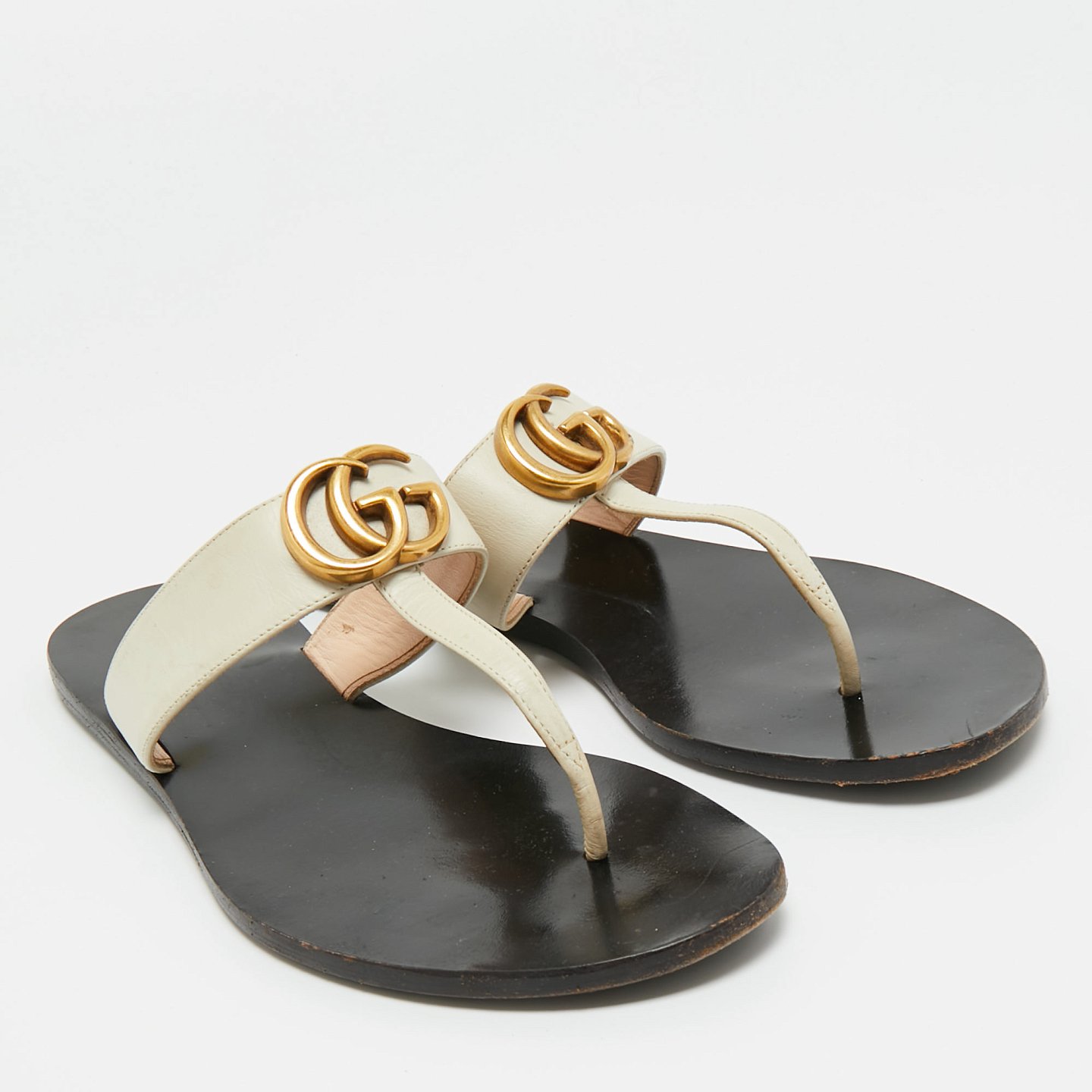 Cream Leather GG Marmont Thong Slide Flats 7