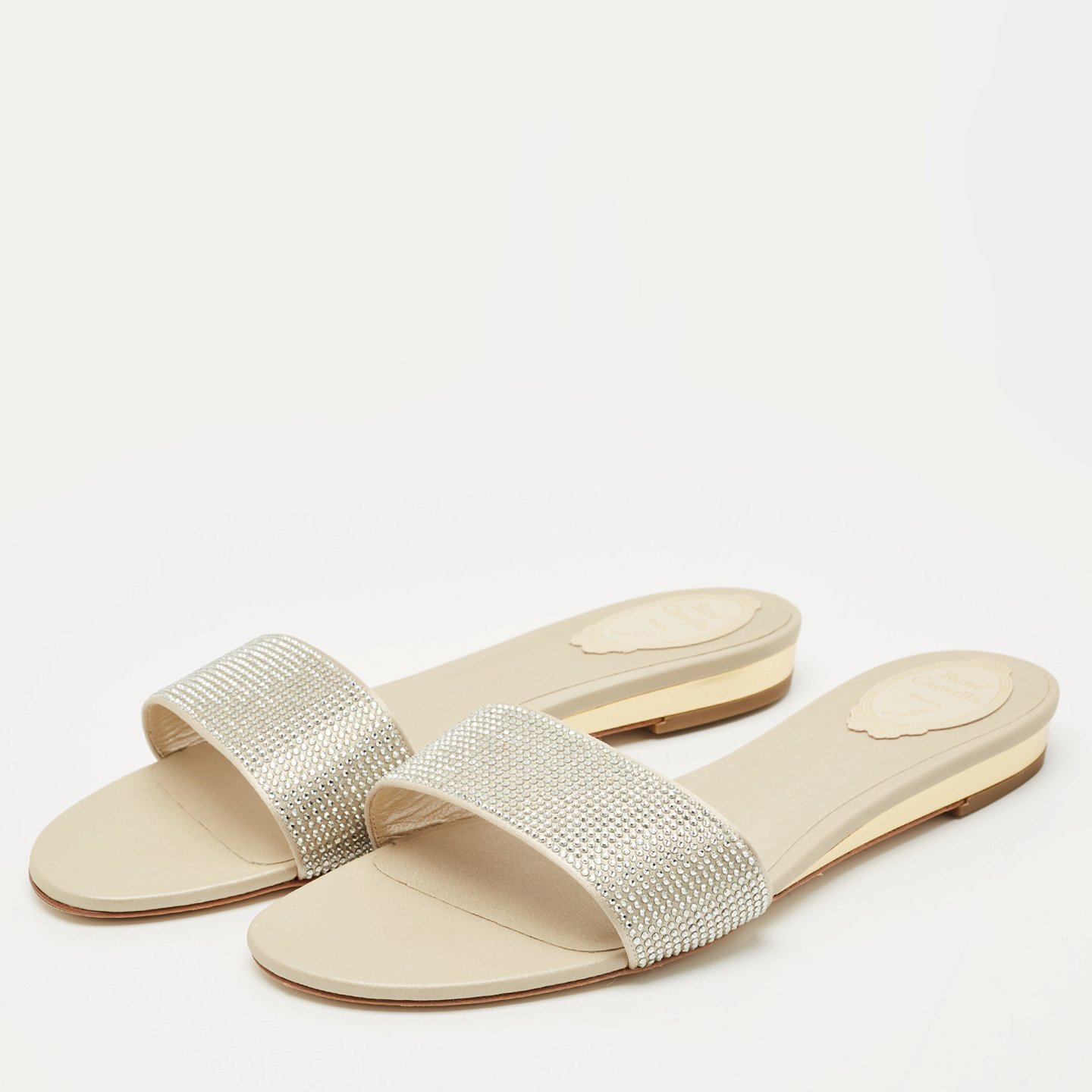 Light Gold Satin Crystals Embellished Flat Slides 2