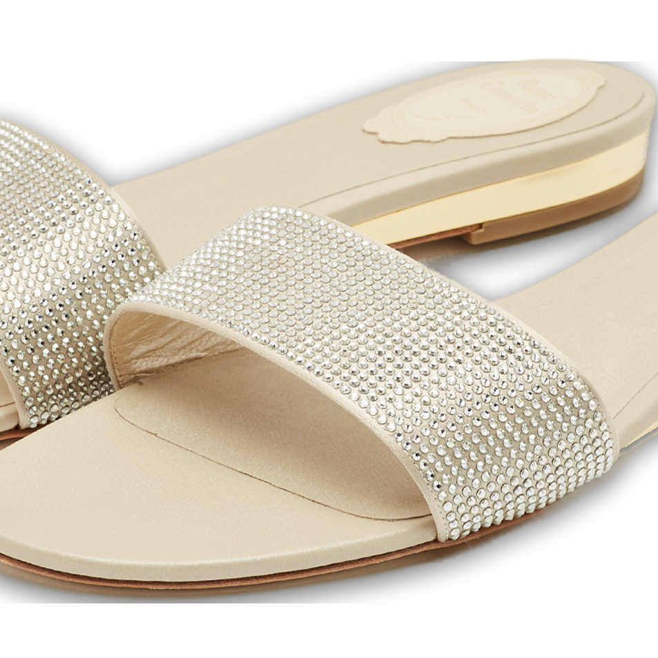 Light Gold Satin Crystals Embellished Flat Slides 0