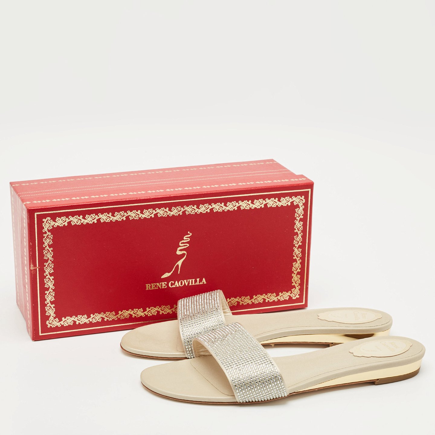 Light Gold Satin Crystals Embellished Flat Slides 3